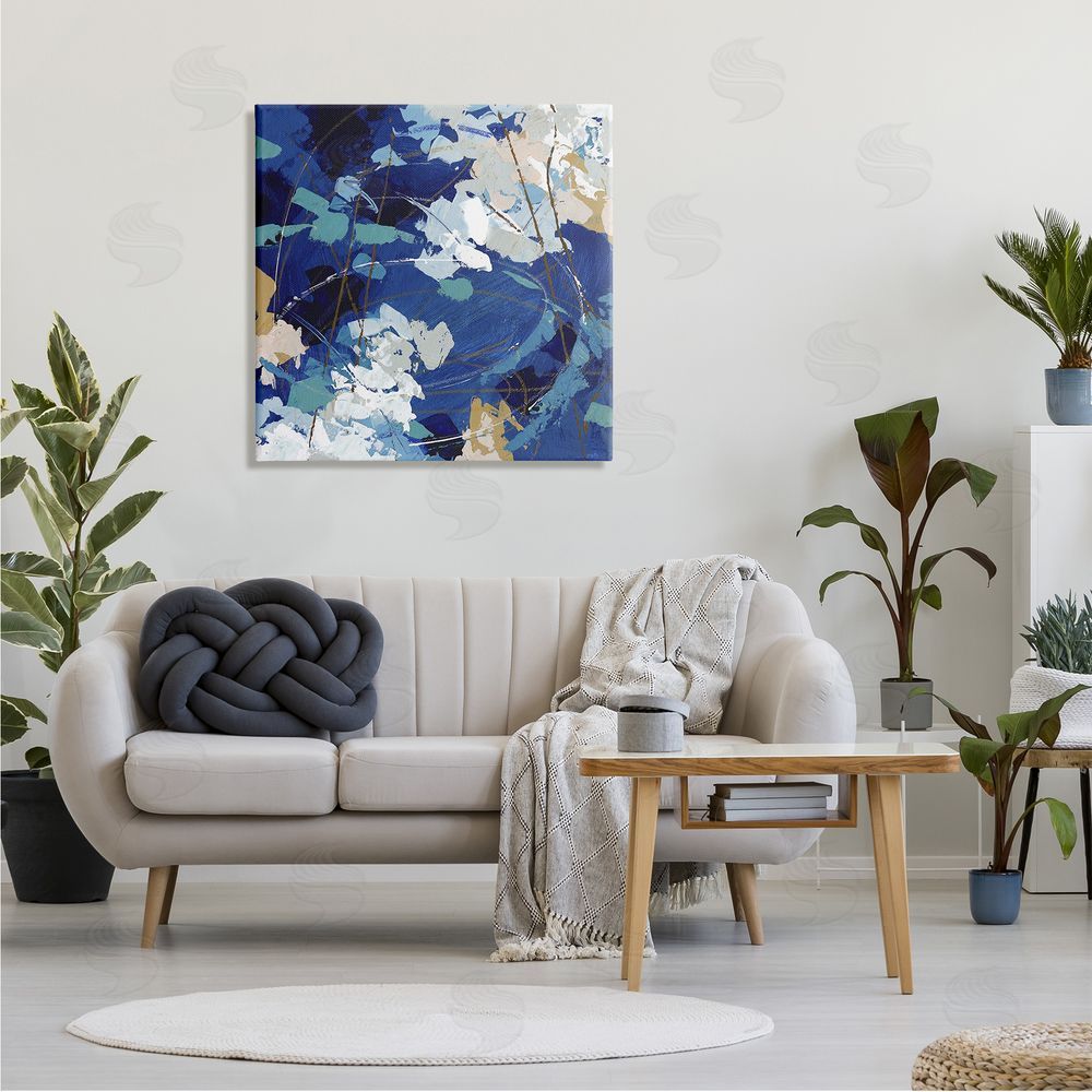 Sue Riger Modern Blue Gold Abstract Painting Busy Movement Composition Canvas Wall Art in Room
