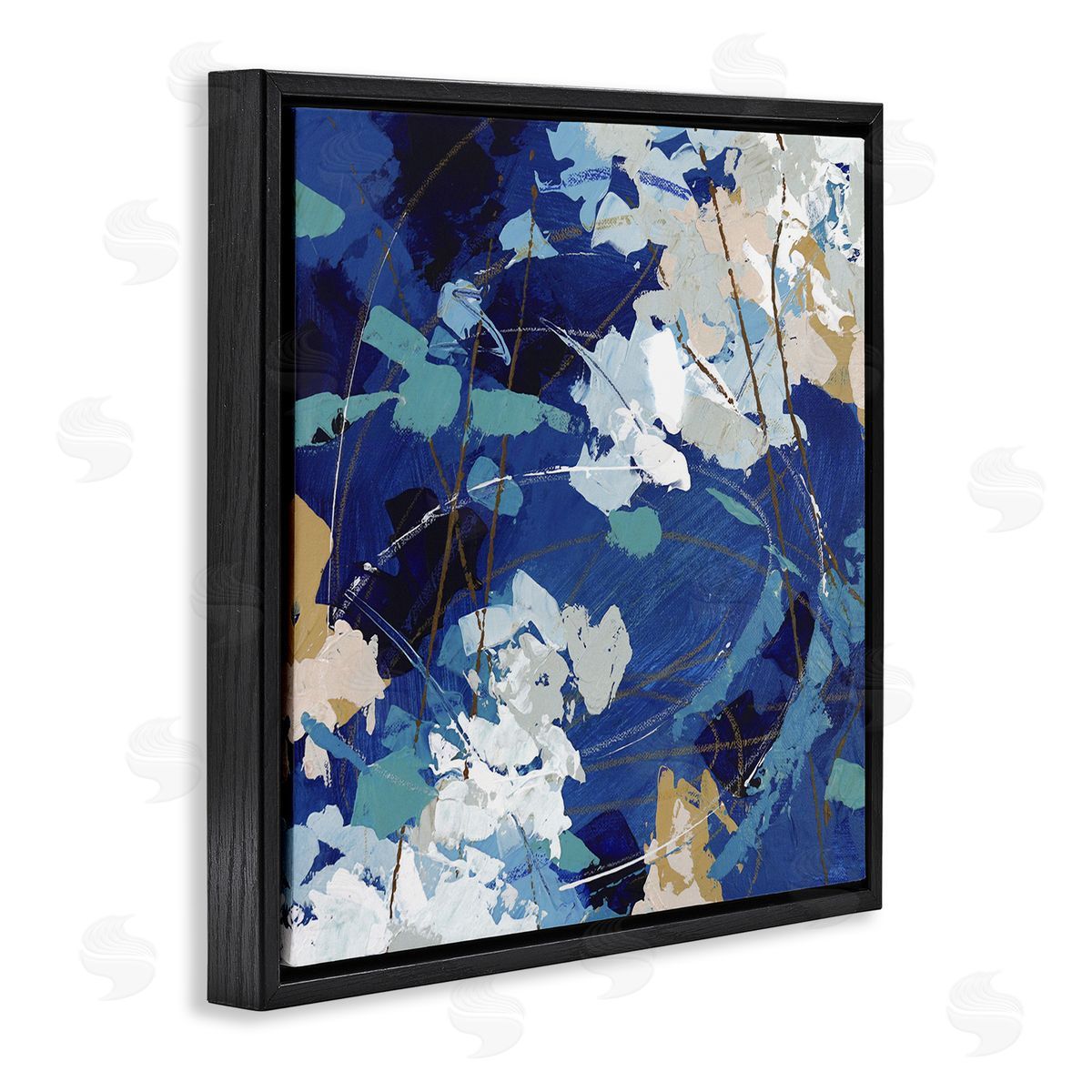 Sue Riger Modern Blue Gold Abstract Painting Busy Movement Composition Black Floating Frame Canvas Wall Art Print