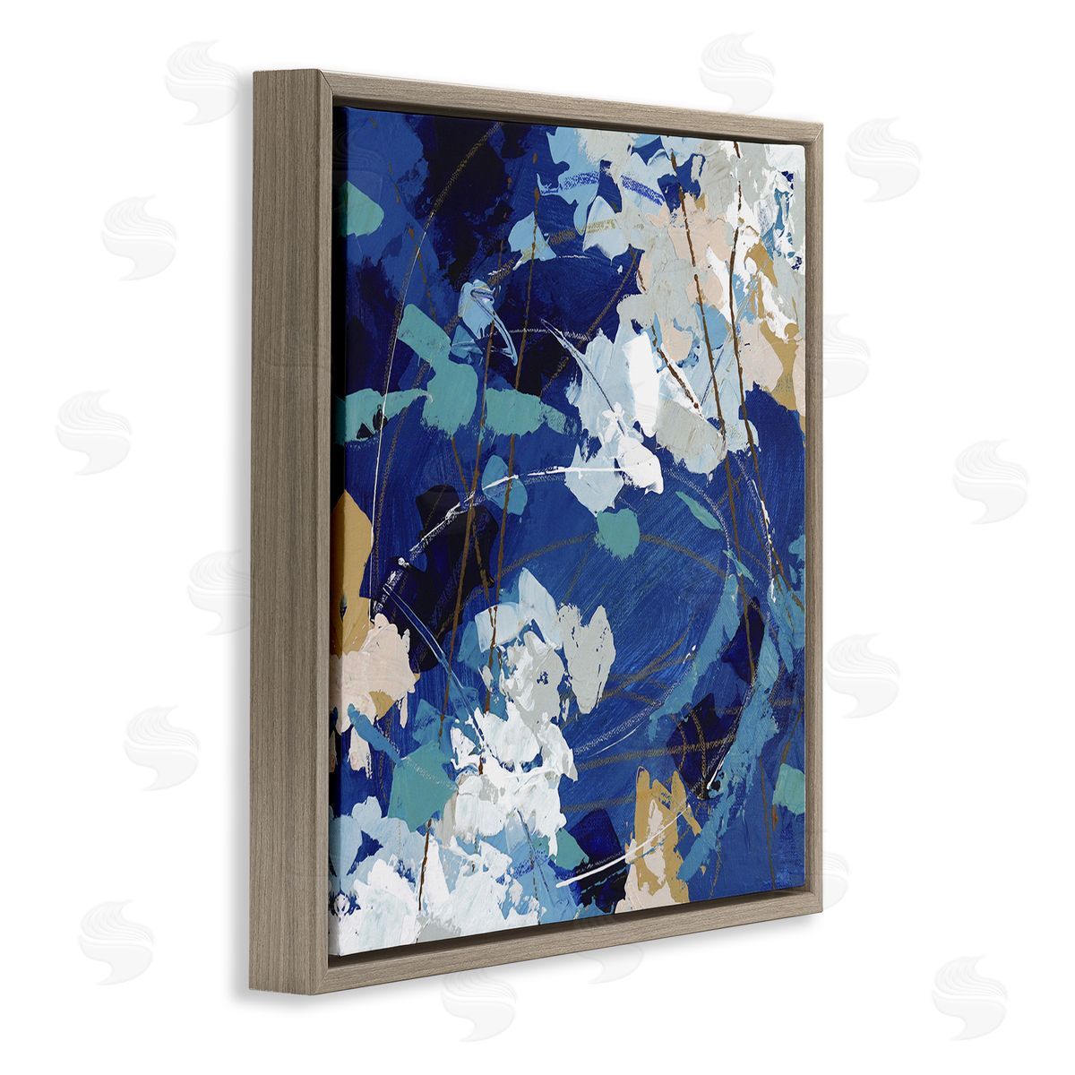 Sue Riger Modern Blue Gold Abstract Painting Busy Movement Composition Brown Floating Frame Canvas Wall Art Print