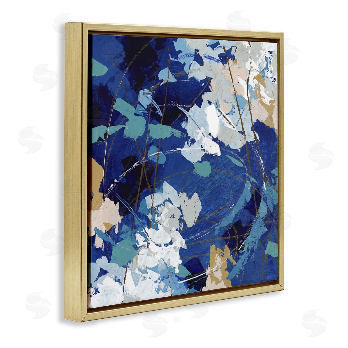 Sue Riger Modern Blue Gold Abstract Painting Busy Movement Composition Gold Floating Frame Canvas Wall Art Print