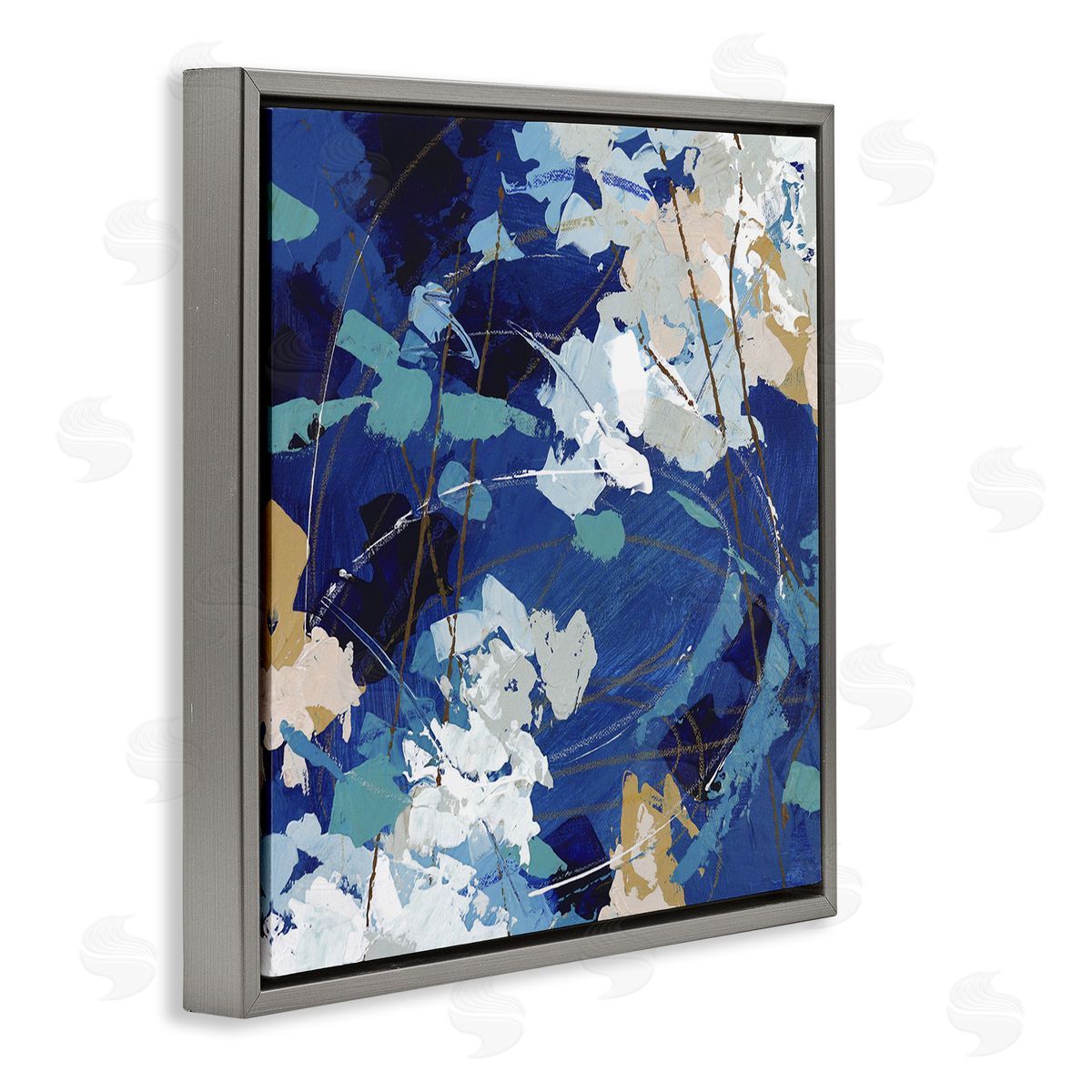 Sue Riger Modern Blue Gold Abstract Painting Busy Movement Composition Gray Floating Frame Canvas Wall Art Print