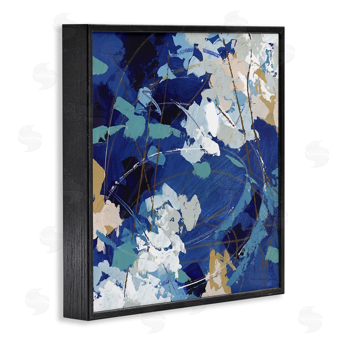 Sue Riger Modern Blue Gold Abstract Painting Busy Movement Composition Black Framed Glicee Wall Art Print