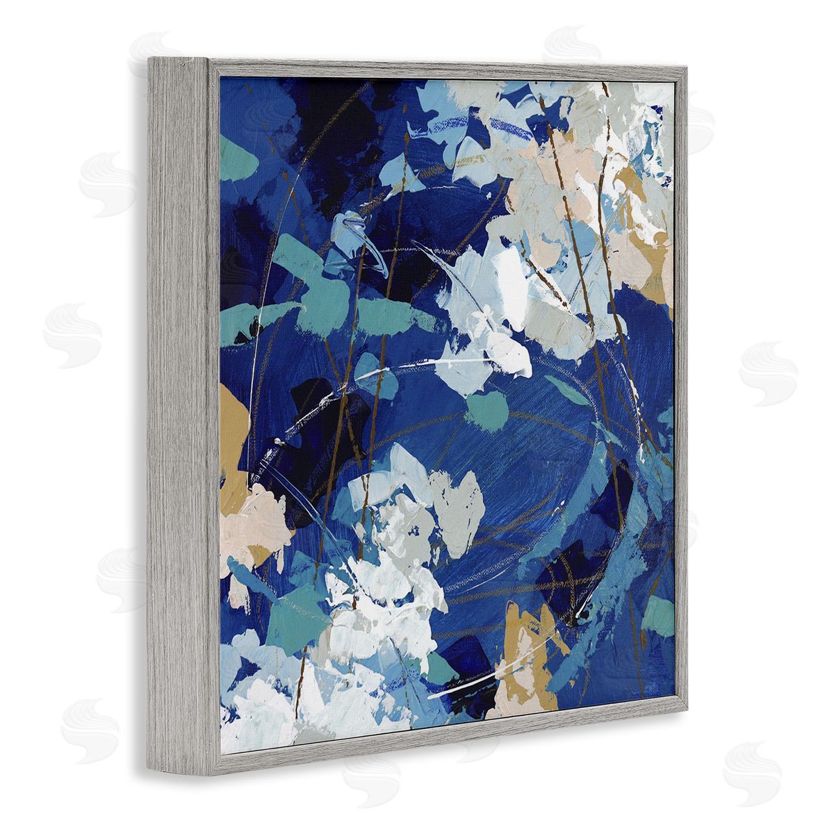 Sue Riger Modern Blue Gold Abstract Painting Busy Movement Composition Gray Framed Glicee Wall Art Print