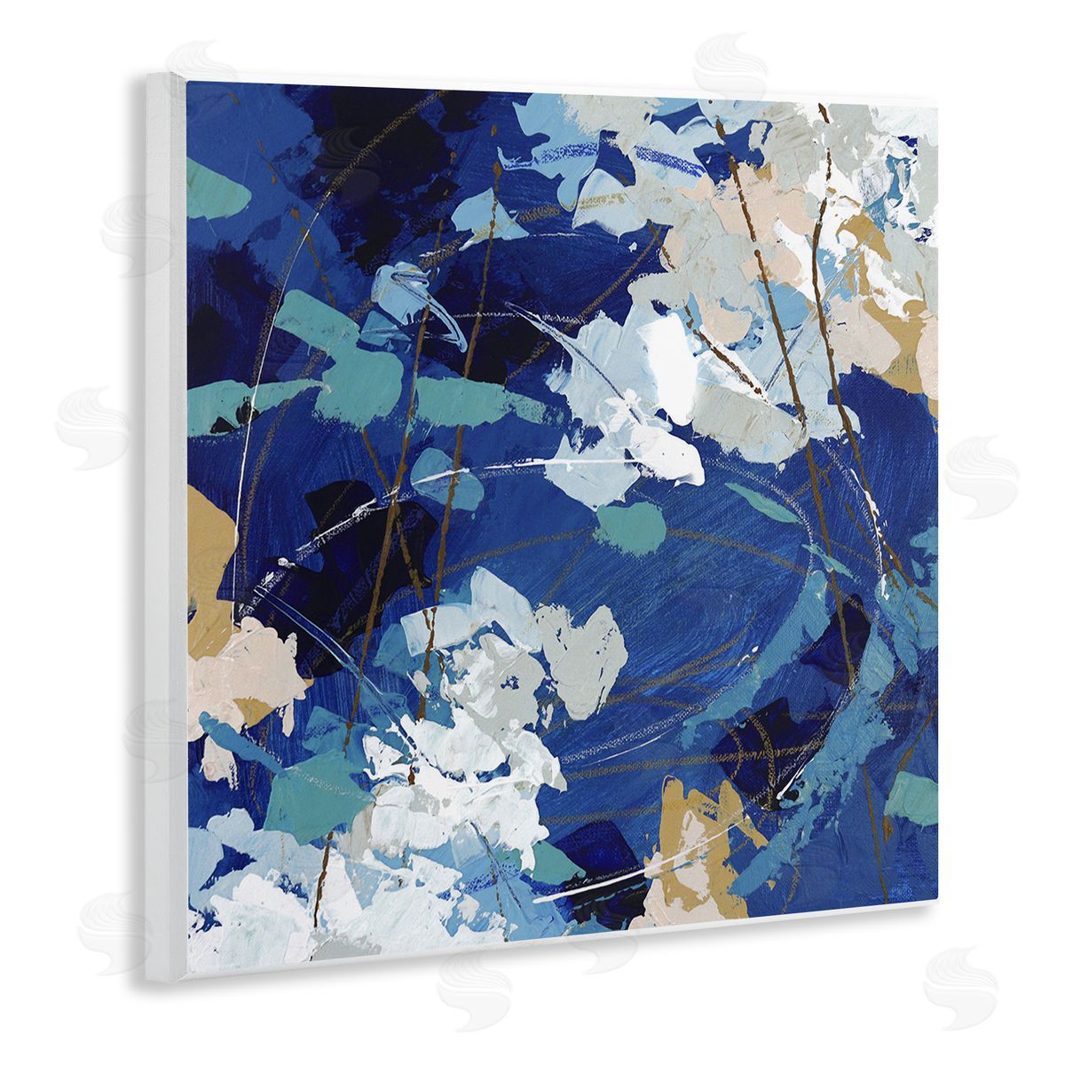 Sue Riger Modern Blue Gold Abstract Painting Busy Movement Composition Wooden Wall Plaque Art Print
