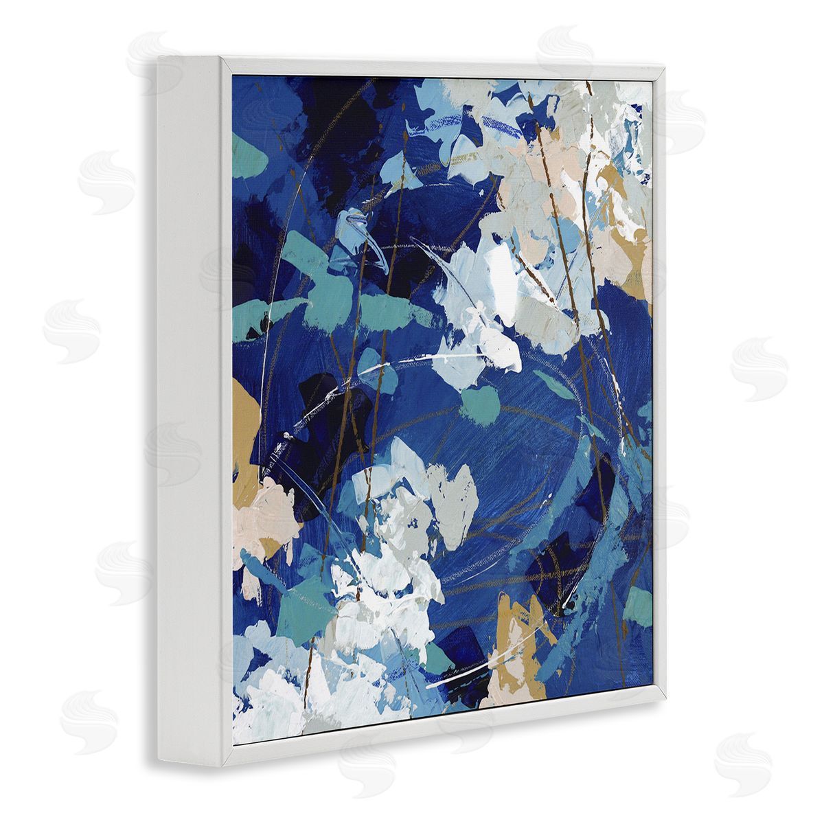 Sue Riger Modern Blue Gold Abstract Painting Busy Movement Composition White Framed Glicee Wall Art Print