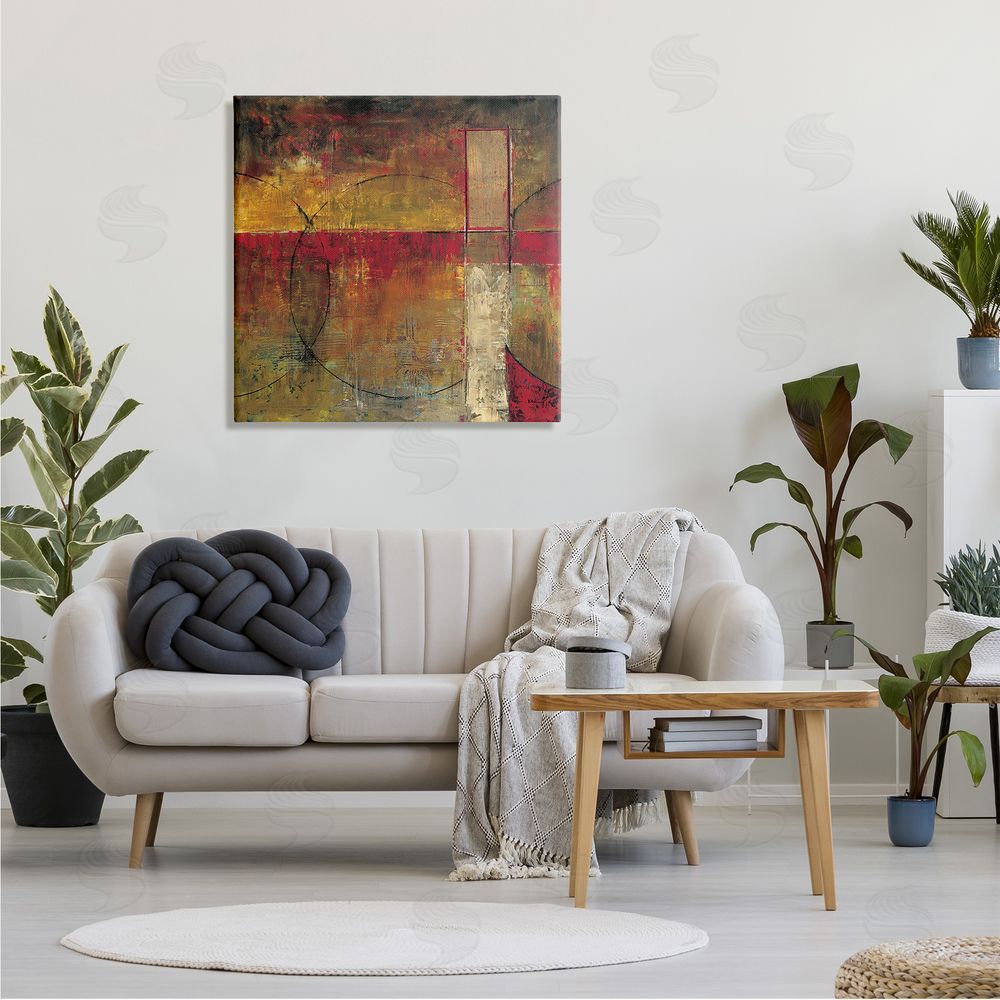 Mike Klung Warm Tone Abstract Shape Composition Red Brown Painting Canvas Wall Art in Room