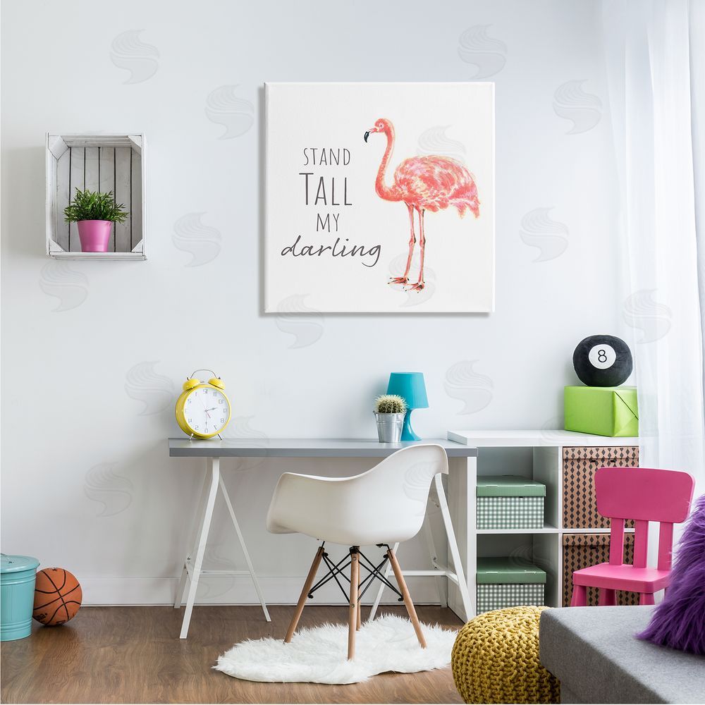 Reesa Qualia Stand Tall My Darling Motivational Phrase Pink Flamingo Canvas Wall Art in Room