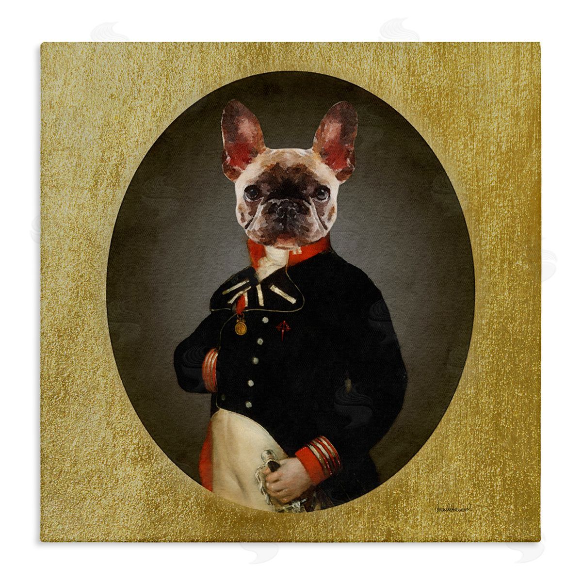 Amanda Greenwood Military French Bulldog Funny Conquistador Dog Fashion Stretched Canvas Wall Art Print