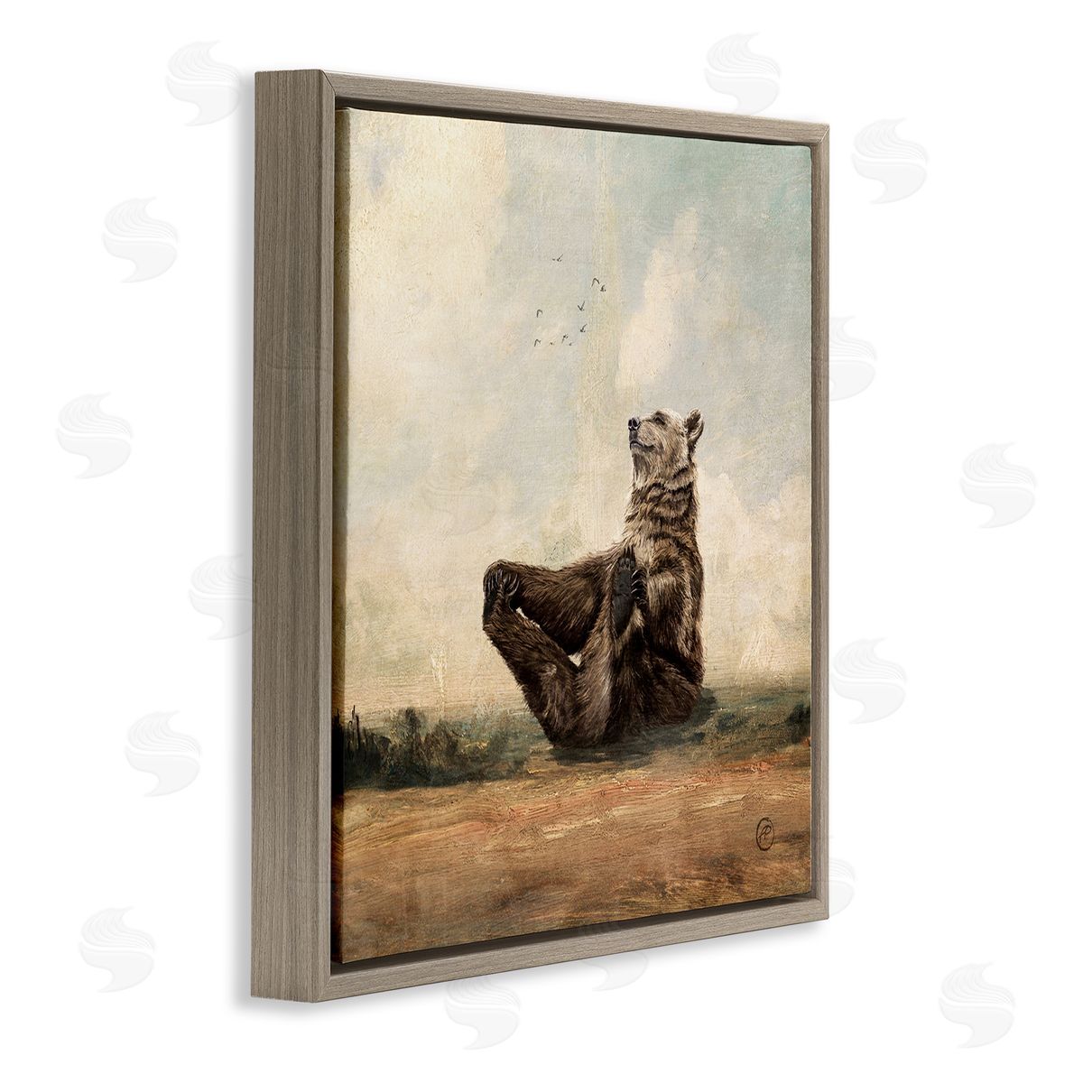 Bear Holding Paws Watching Sunset Brown Floating Frame Canvas Wall Art, Home Decor by Paula Belle Flores