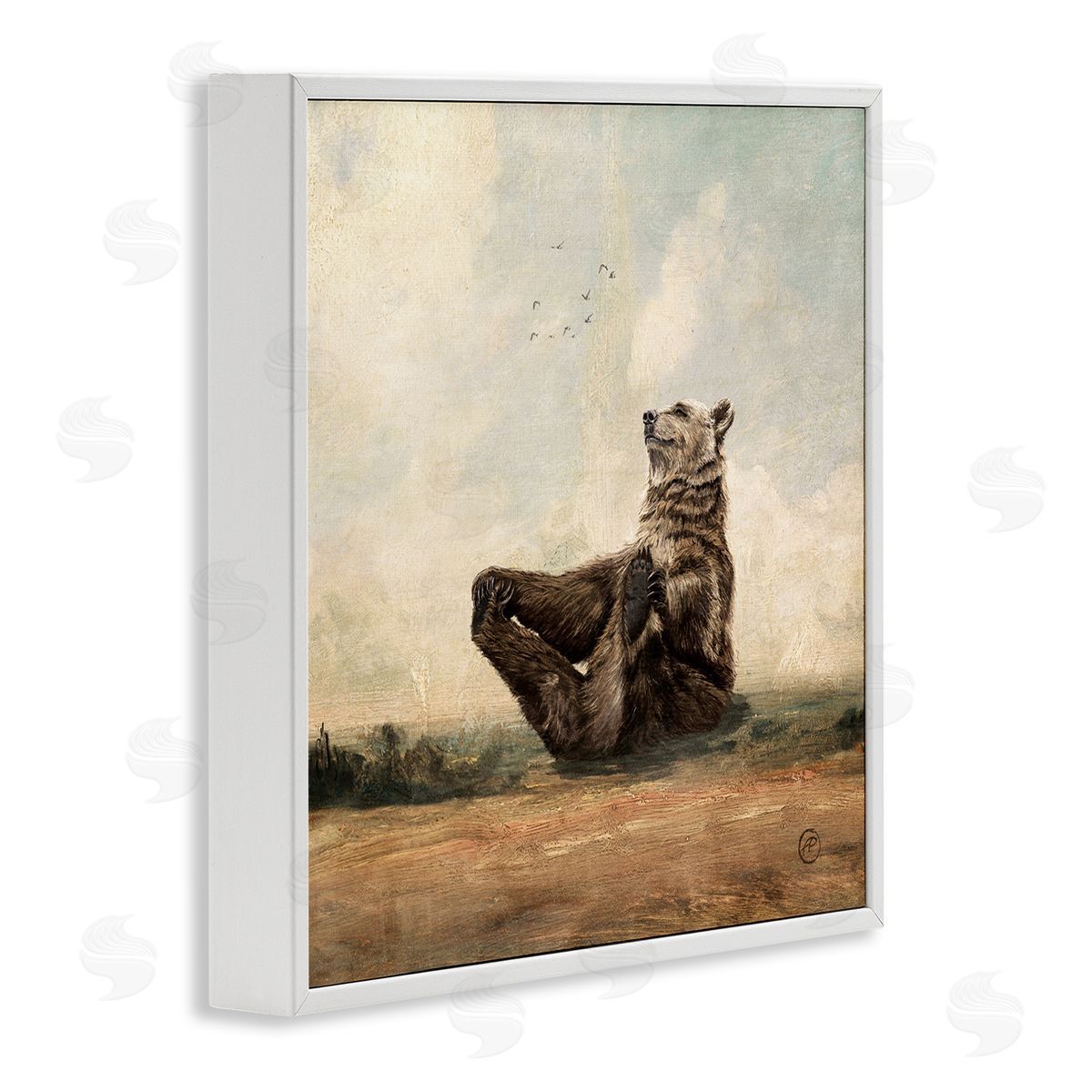 Bear Holding Paws Watching Sunset White Frame Print Wall Art, Home Decor by Paula Belle Flores