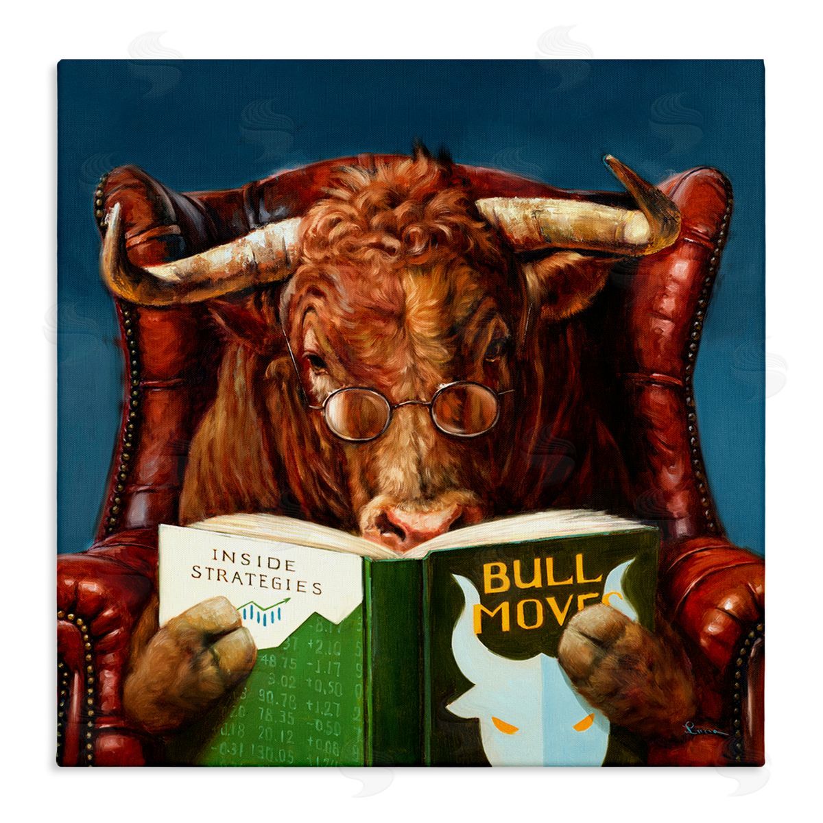 Lucia Heffernan Reading Longhorn Bull Red Sofa Animal Farm Literature Stretched Canvas Wall Art Print