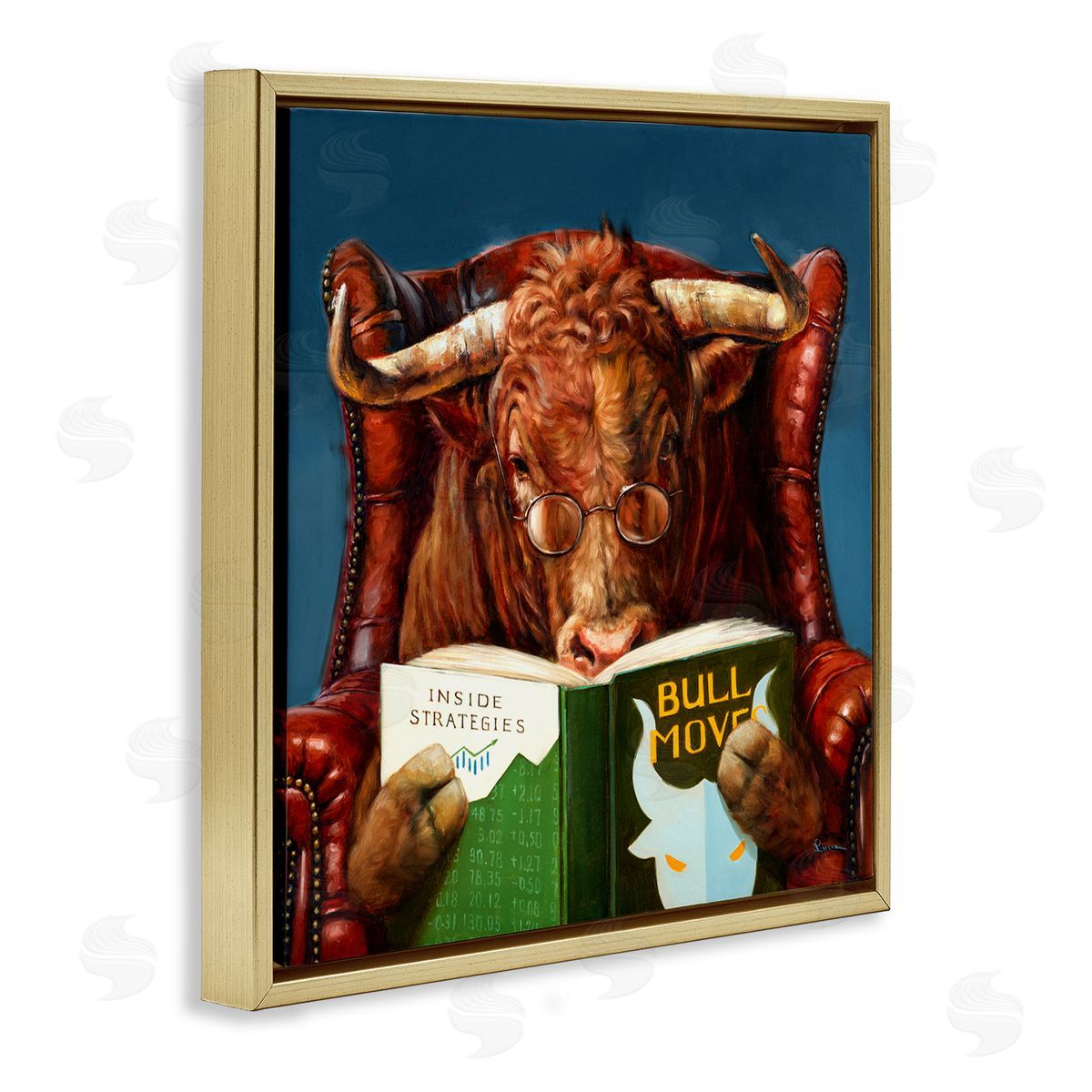 Lucia Heffernan Reading Longhorn Bull Red Sofa Animal Farm Literature Gold Floating Frame Canvas Wall Art Print