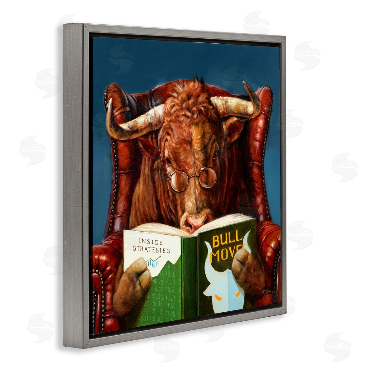 Lucia Heffernan Reading Longhorn Bull Red Sofa Animal Farm Literature Gray Floating Frame Canvas Wall Art Print
