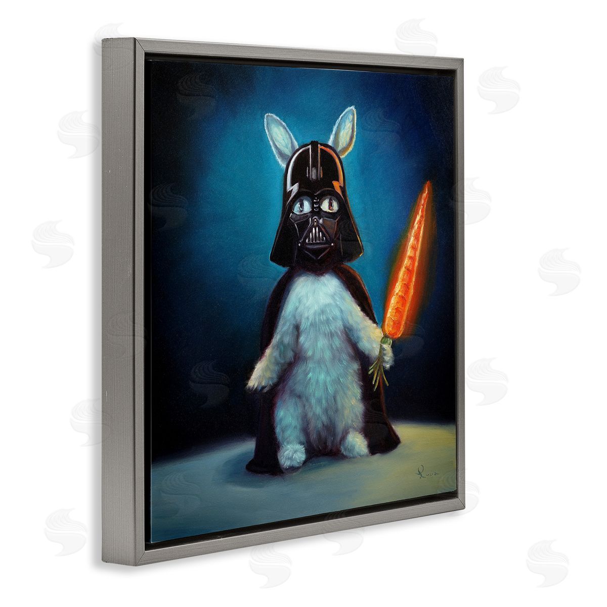 Lucia Heffernan Rabbit Star Wars Neon Carrot Cartoon Pet Portrait Gray Floating Frame Canvas Wall Art Print