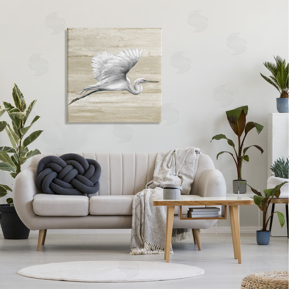 Patricia Pinto Flying Heron Sand Textured Background Natural Tones Canvas Wall Art in Room