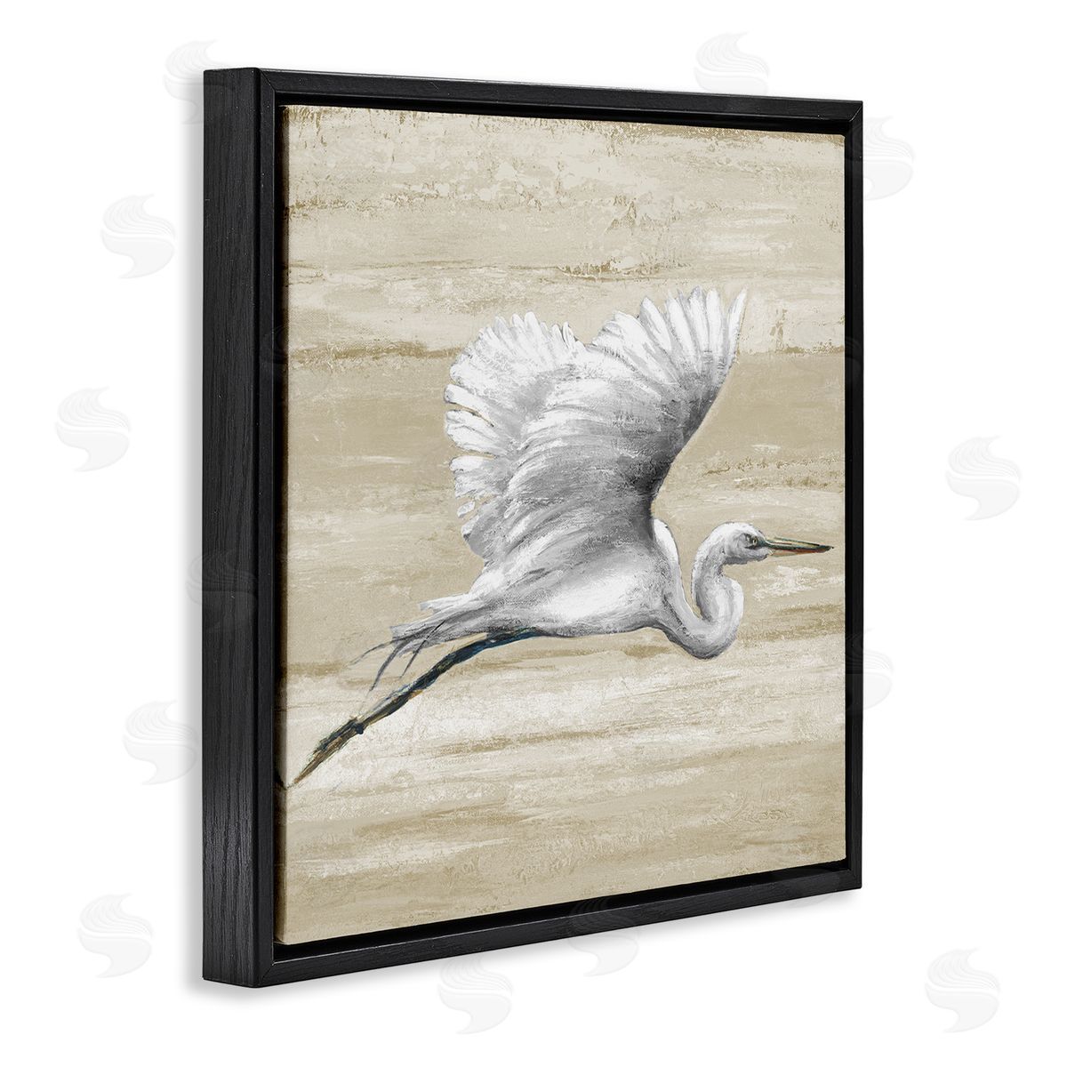 Patricia Pinto Flying Heron Sand Textured Background Natural Tones Black Floating Frame Canvas Wall Art Print