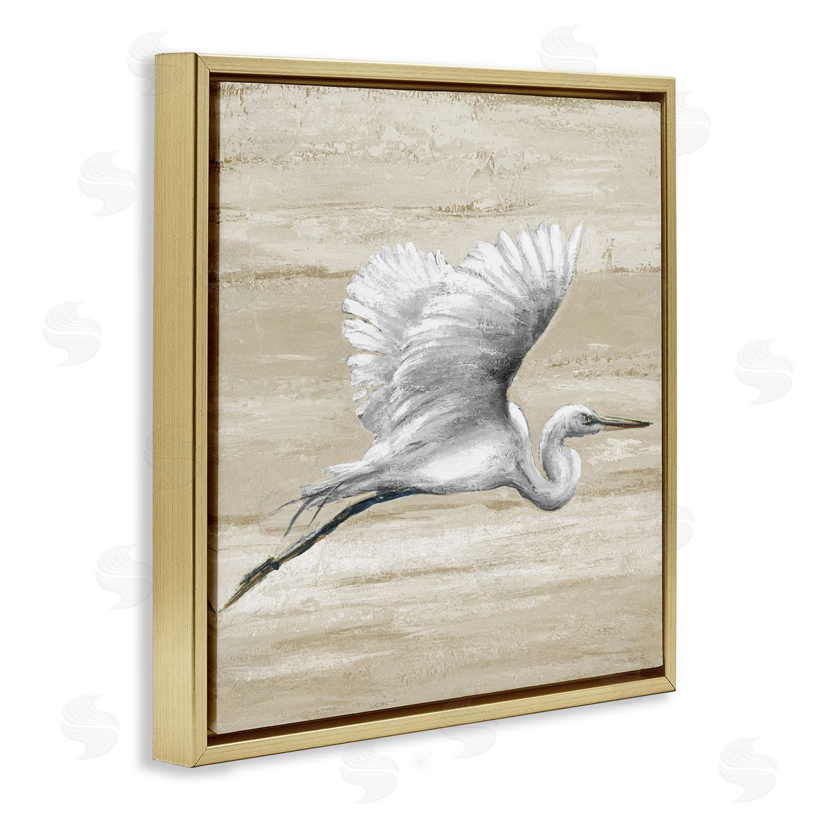 Patricia Pinto Flying Heron Sand Textured Background Natural Tones Gold Floating Frame Canvas Wall Art Print