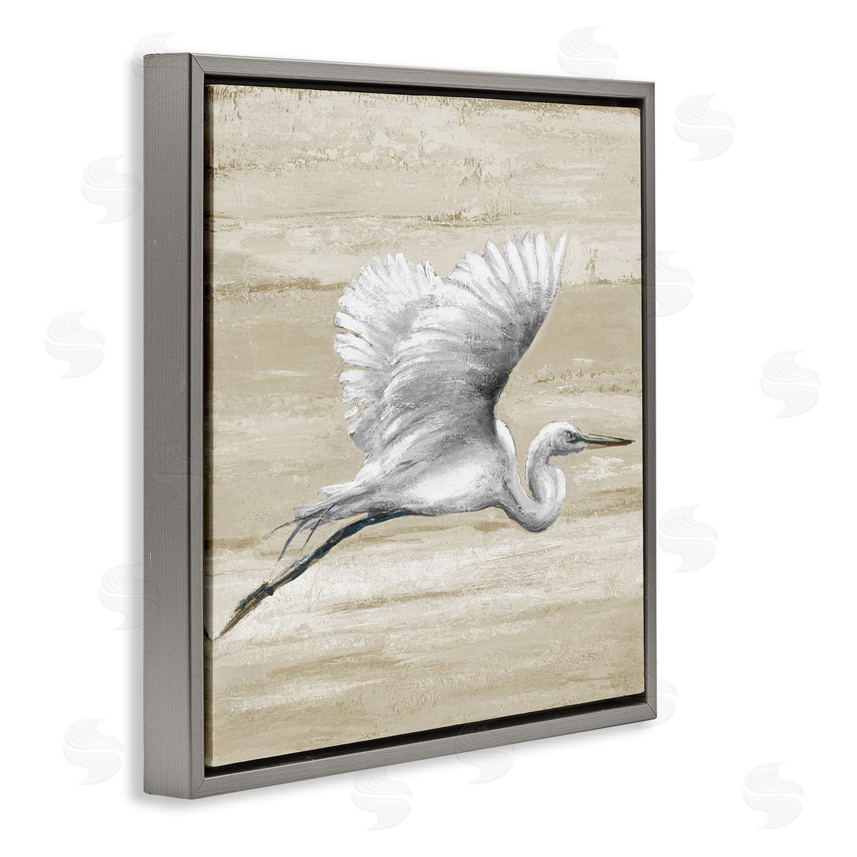 Patricia Pinto Flying Heron Sand Textured Background Natural Tones Gray Floating Frame Canvas Wall Art Print