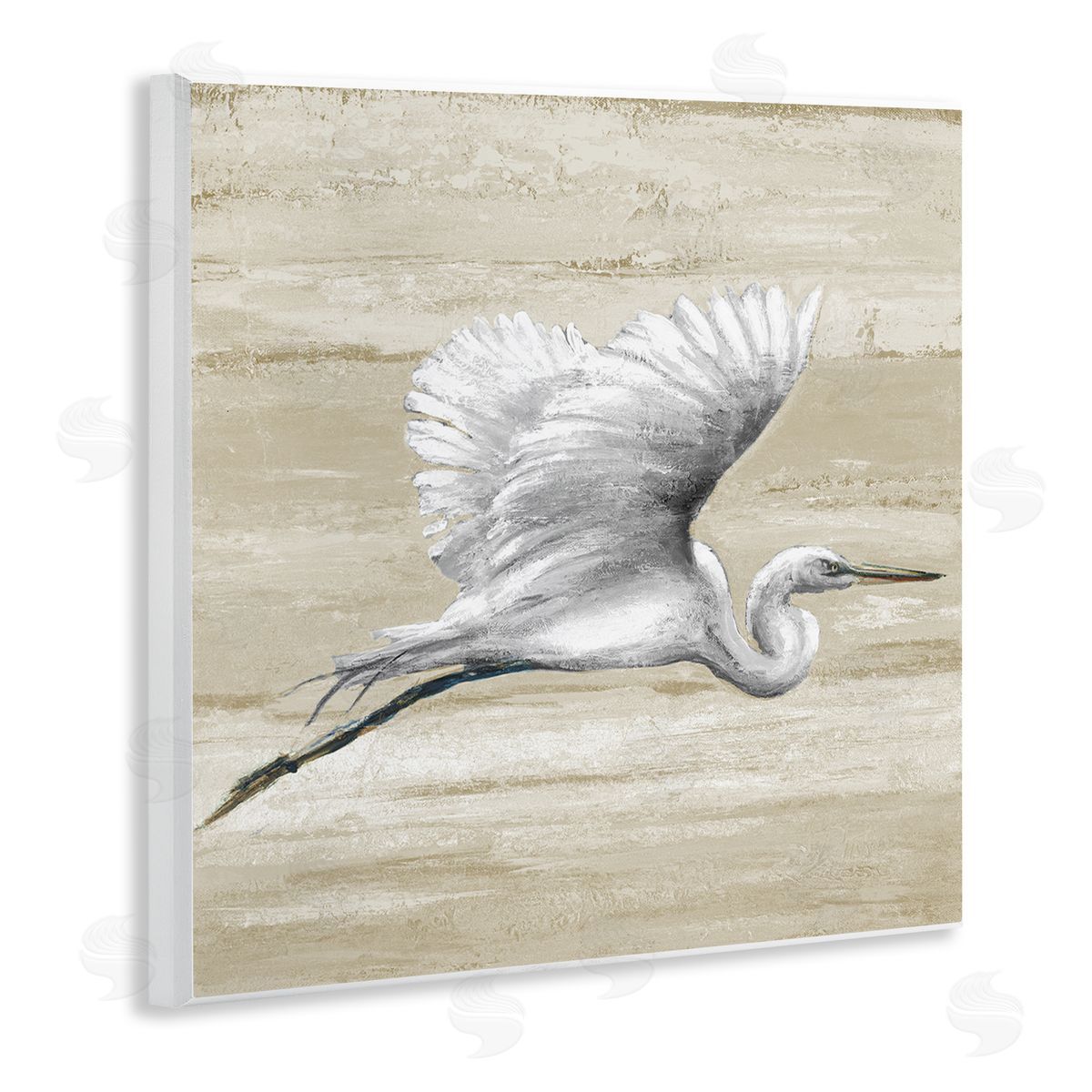 Patricia Pinto Flying Heron Sand Textured Background Natural Tones Wooden Wall Plaque Art Print