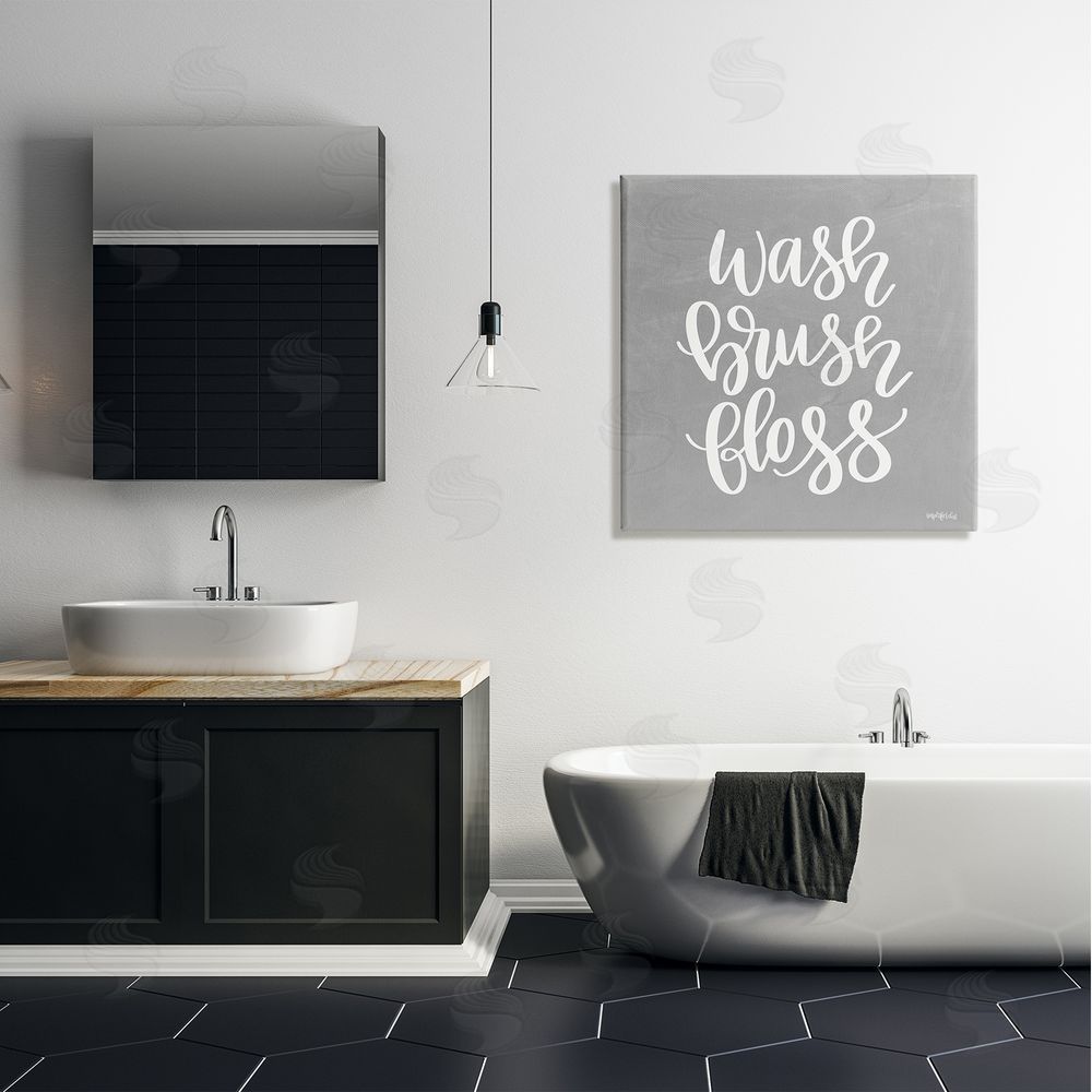 Imperfect Dust Wash Brush Floss Simplistic Hygiene Reminder Textured Sign Canvas Wall Art in Room