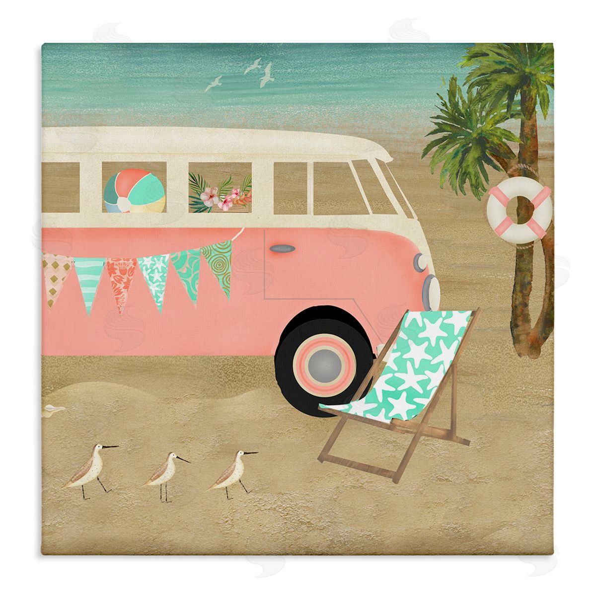 Beth Albert Surfing Bohemian Camping Trailer Beach Palm Trees Stretched Canvas Wall Art Print