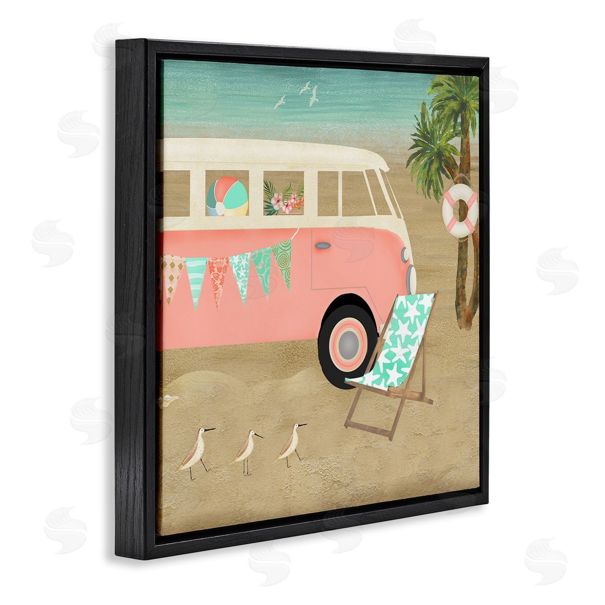 Beth Albert Surfing Bohemian Camping Trailer Beach Palm Trees Black Floating Frame Canvas Wall Art Print