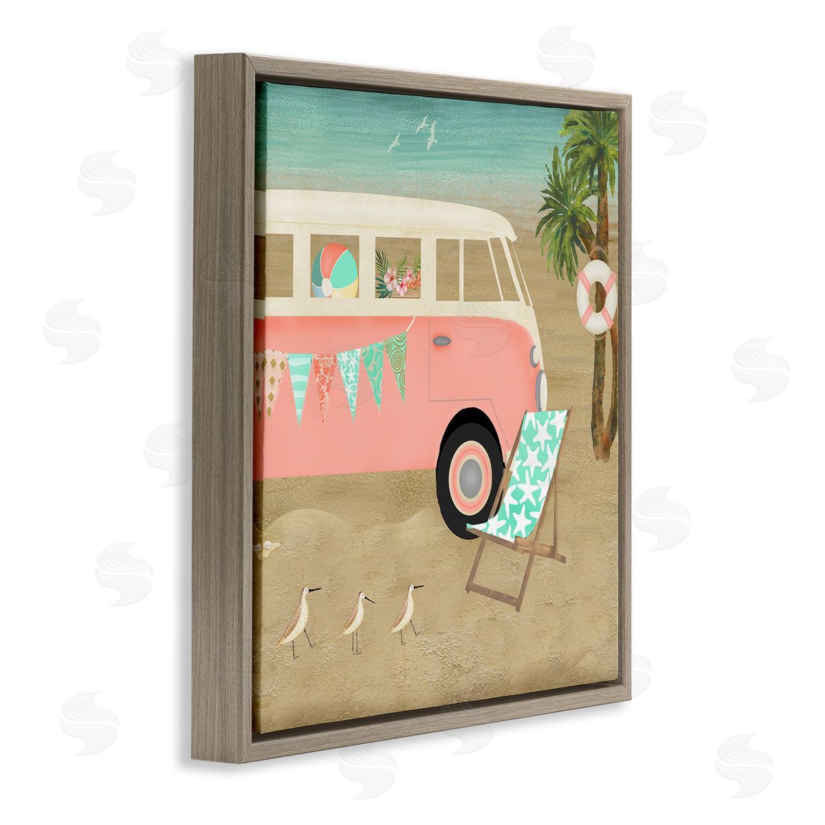 Beth Albert Surfing Bohemian Camping Trailer Beach Palm Trees Brown Floating Frame Canvas Wall Art Print