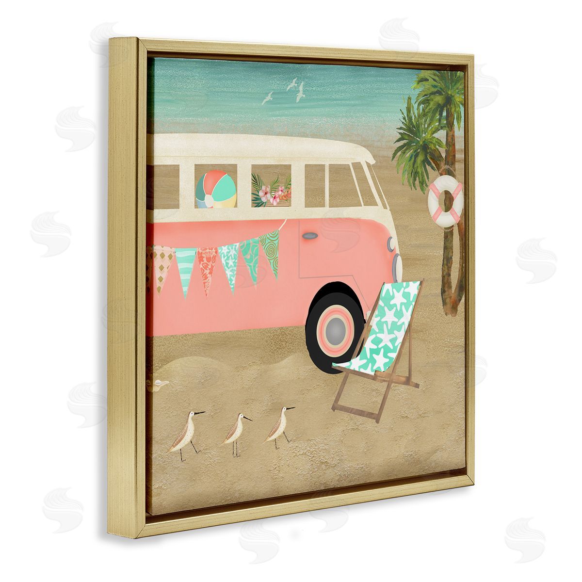 Beth Albert Surfing Bohemian Camping Trailer Beach Palm Trees Gold Floating Frame Canvas Wall Art Print