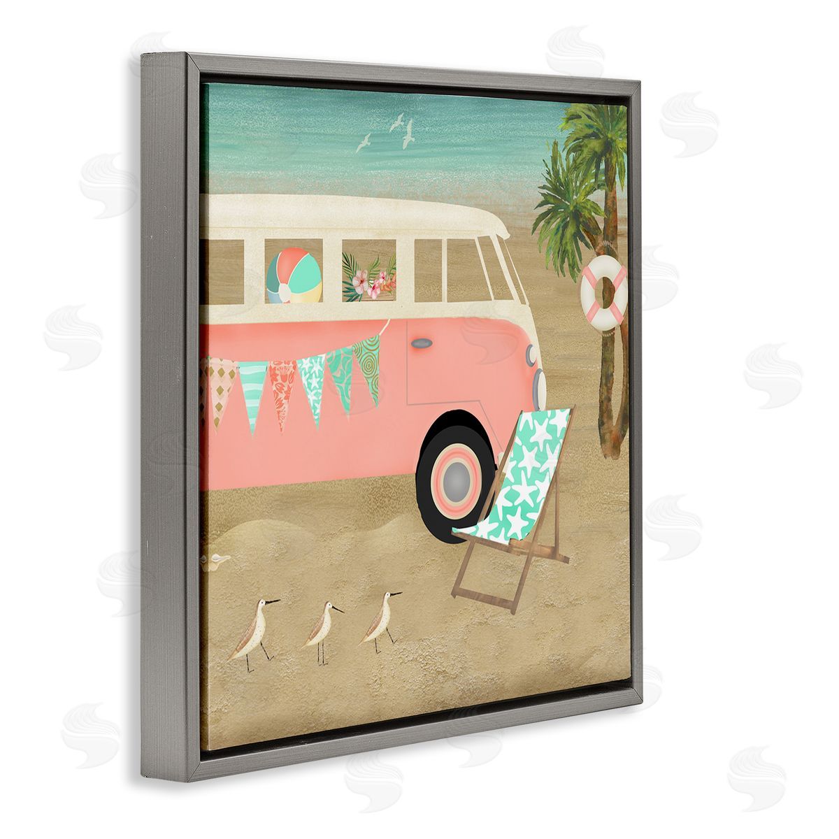 Beth Albert Surfing Bohemian Camping Trailer Beach Palm Trees Gray Floating Frame Canvas Wall Art Print