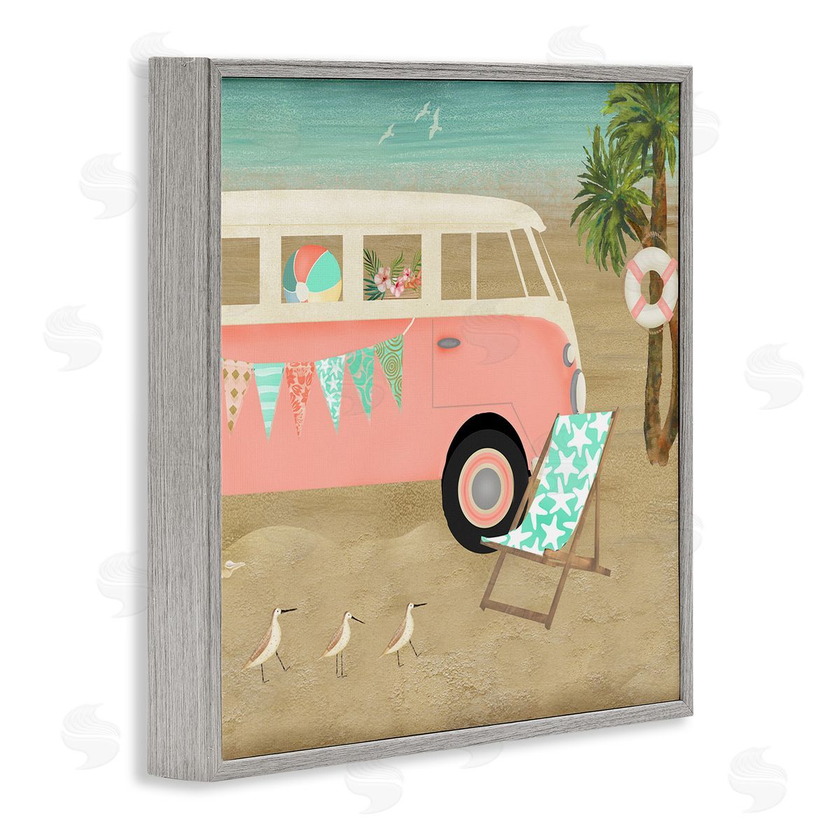 Beth Albert Surfing Bohemian Camping Trailer Beach Palm Trees Gray Framed Glicee Wall Art Print