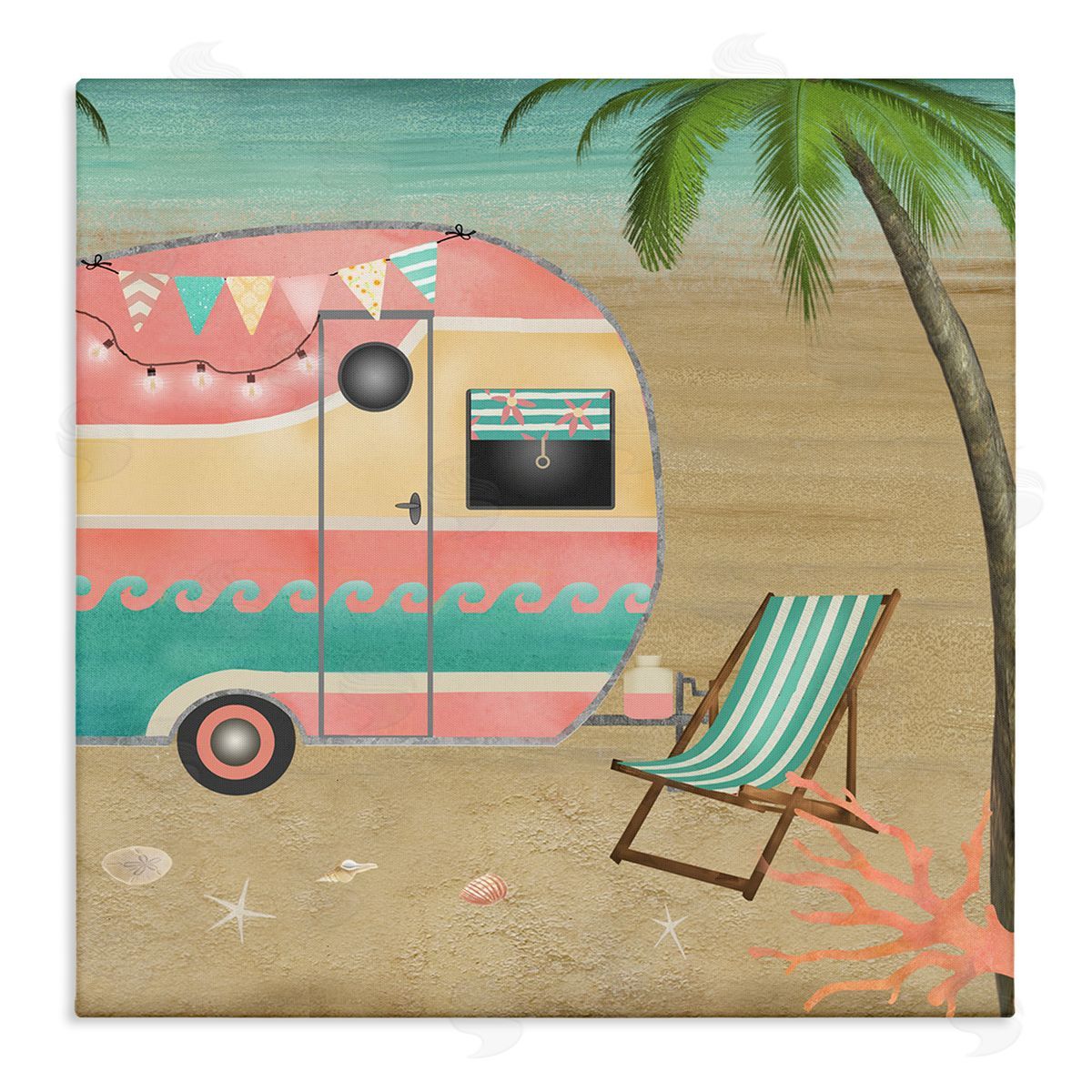 Beth Albert Summer Camping Caravan Starfish Sand Picnic Tropical Landscape Stretched Canvas Wall Art Print