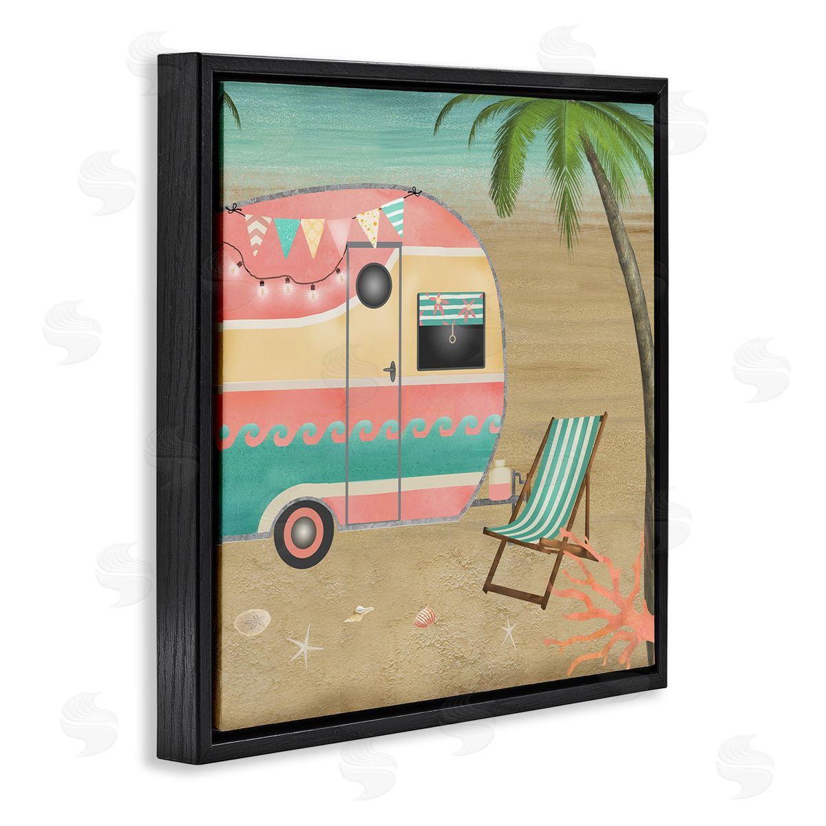 Beth Albert Summer Camping Caravan Starfish Sand Picnic Tropical Landscape Black Floating Frame Canvas Wall Art Print