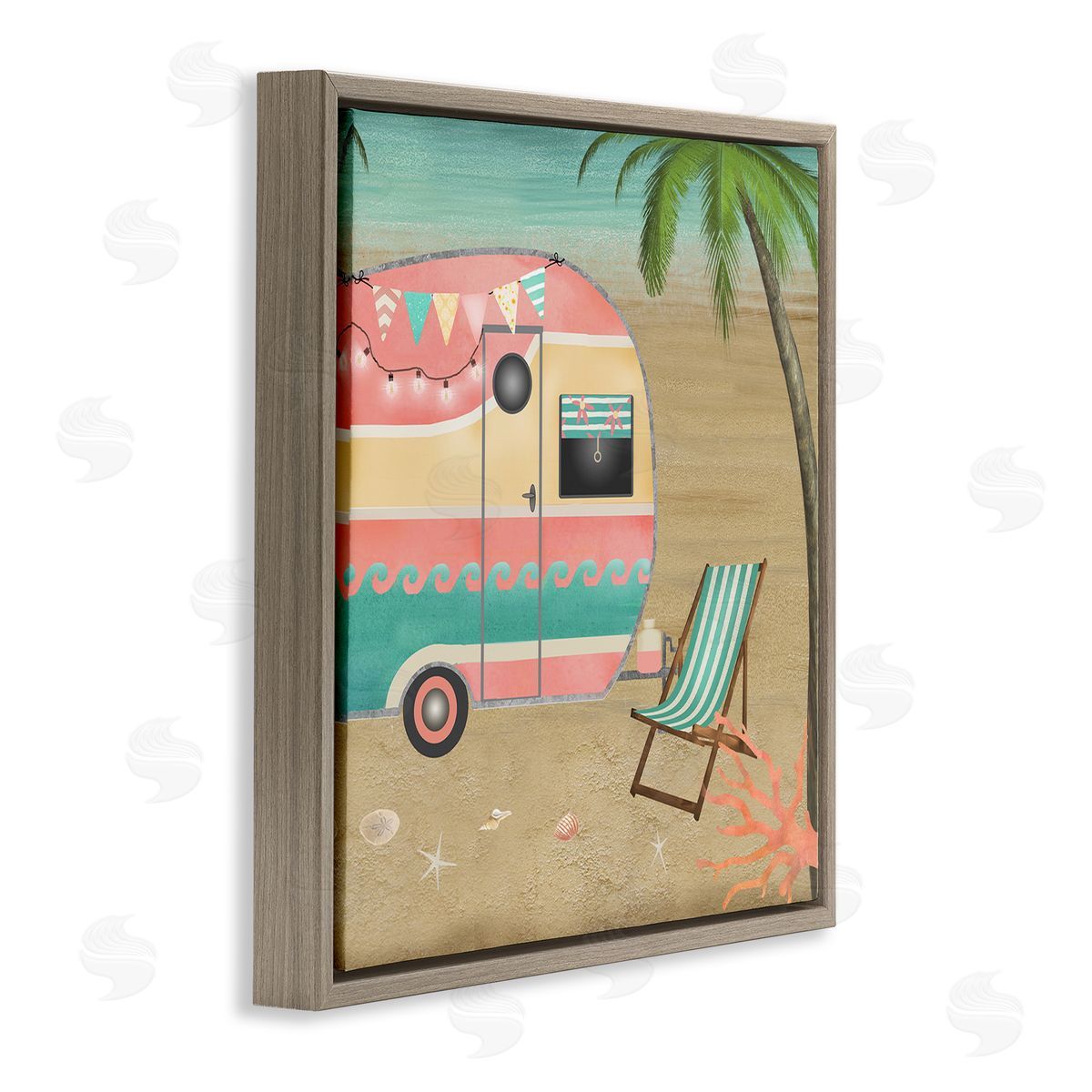Beth Albert Summer Camping Caravan Starfish Sand Picnic Tropical Landscape Brown Floating Frame Canvas Wall Art Print