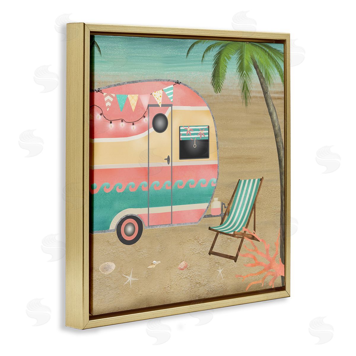 Beth Albert Summer Camping Caravan Starfish Sand Picnic Tropical Landscape Gold Floating Frame Canvas Wall Art Print