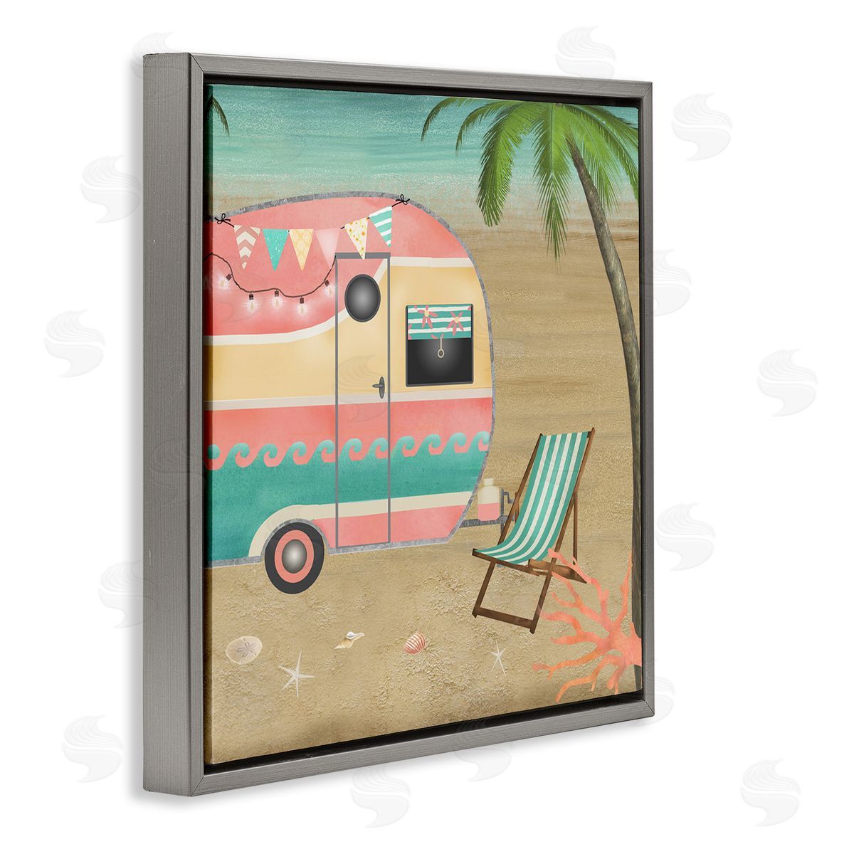 Beth Albert Summer Camping Caravan Starfish Sand Picnic Tropical Landscape Gray Floating Frame Canvas Wall Art Print