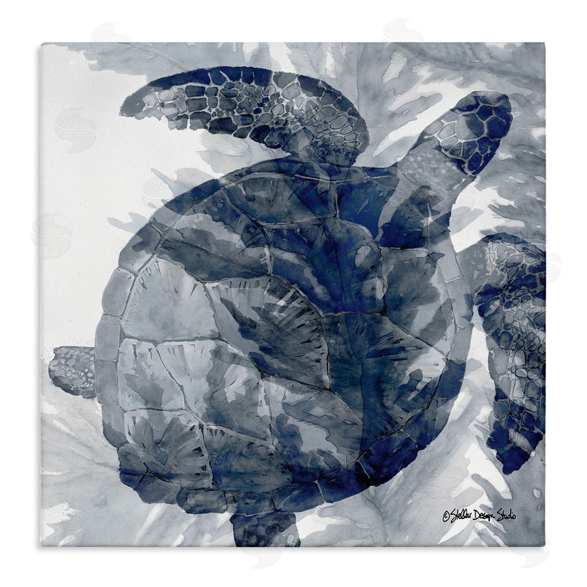 Stellar Design Studio Lingering Sea Turtle Overlapping Seaweed Reptile Watercolor Painting Stretched Canvas Wall Art Print