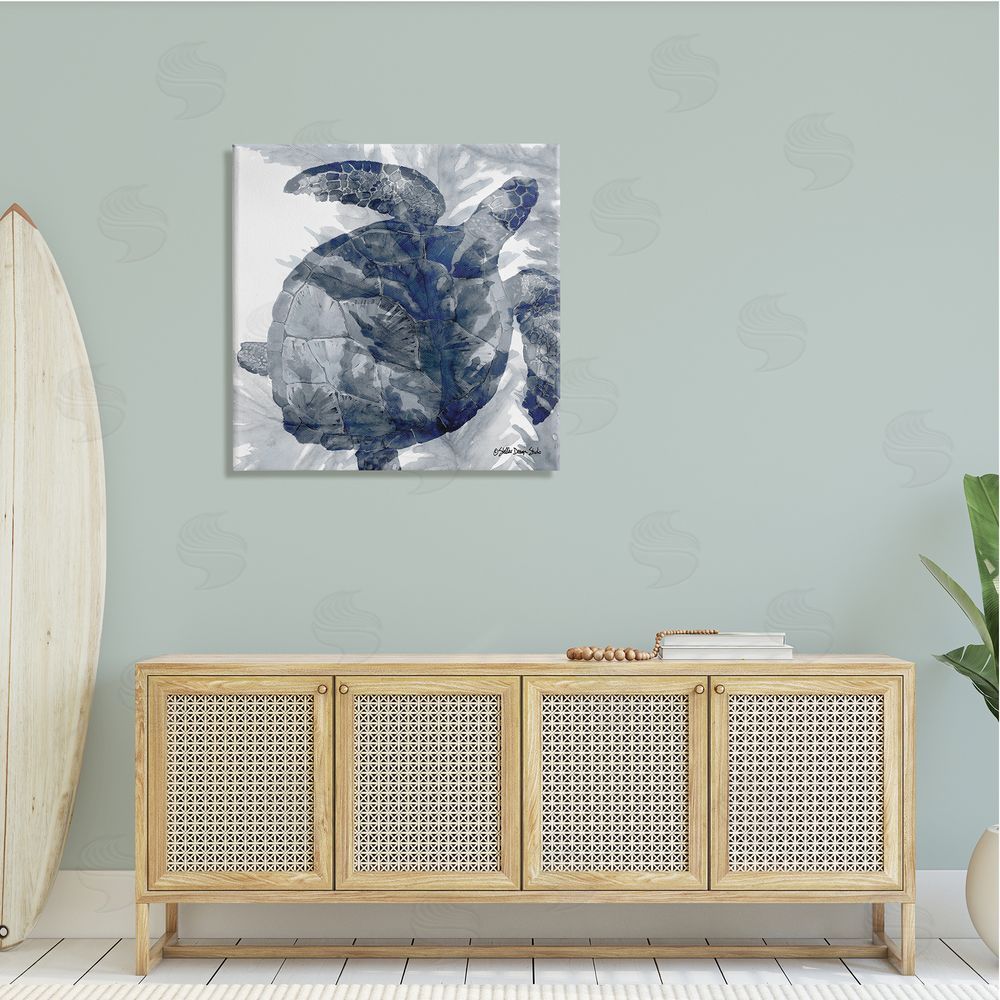 Stellar Design Studio Lingering Sea Turtle Overlapping Seaweed Reptile Watercolor Painting Canvas Wall Art in Room