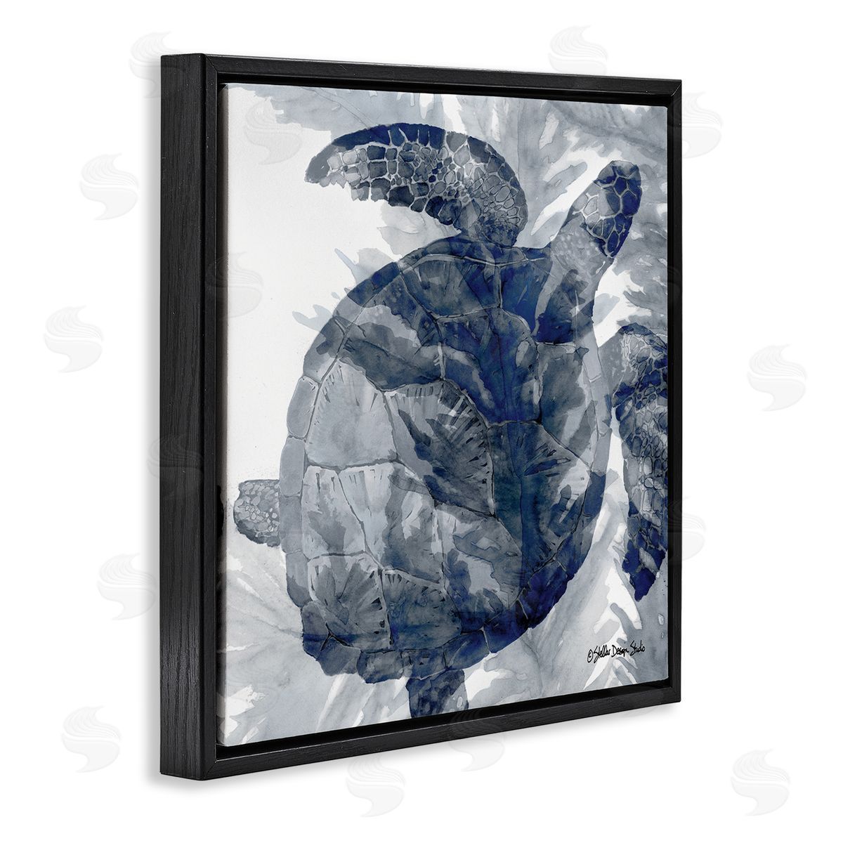 Stellar Design Studio Lingering Sea Turtle Overlapping Seaweed Reptile Watercolor Painting Black Floating Frame Canvas Wall Art Print