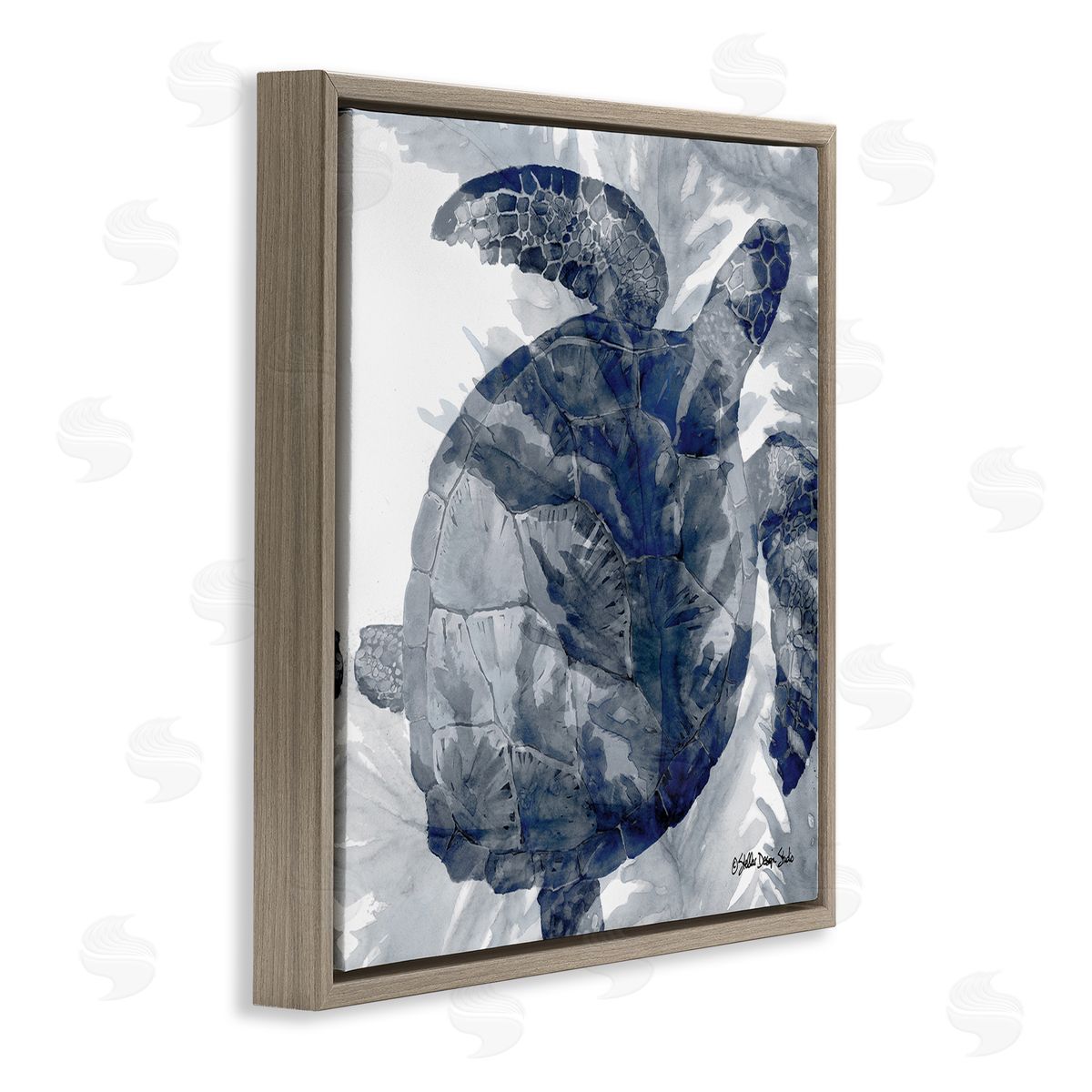 Stellar Design Studio Lingering Sea Turtle Overlapping Seaweed Reptile Watercolor Painting Brown Floating Frame Canvas Wall Art Print