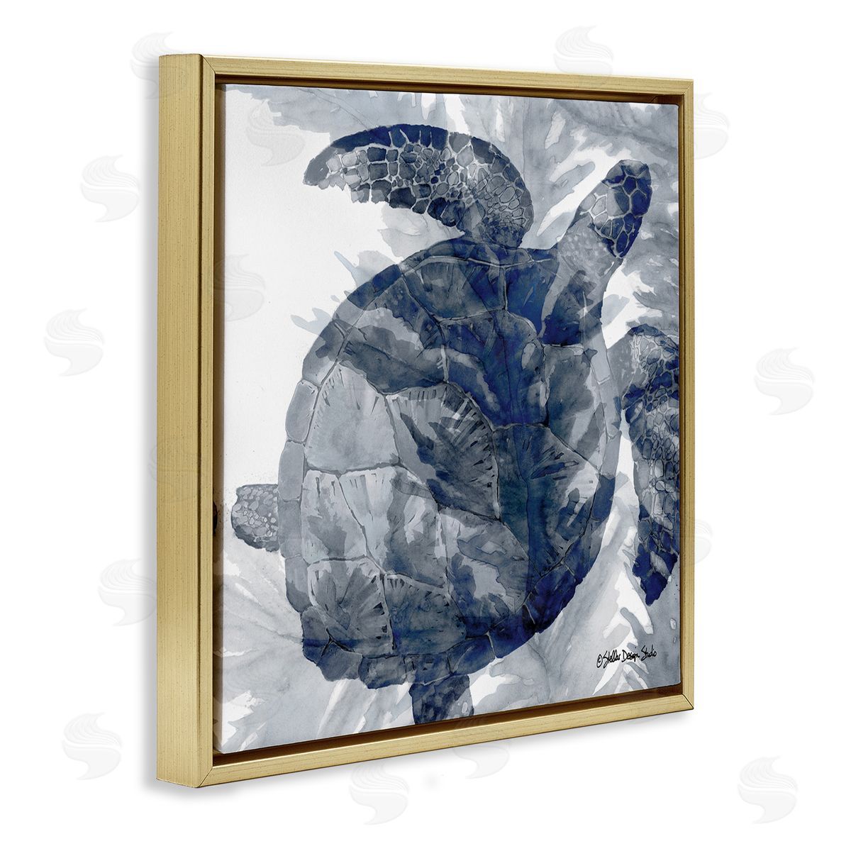 Stellar Design Studio Lingering Sea Turtle Overlapping Seaweed Reptile Watercolor Painting Gold Floating Frame Canvas Wall Art Print