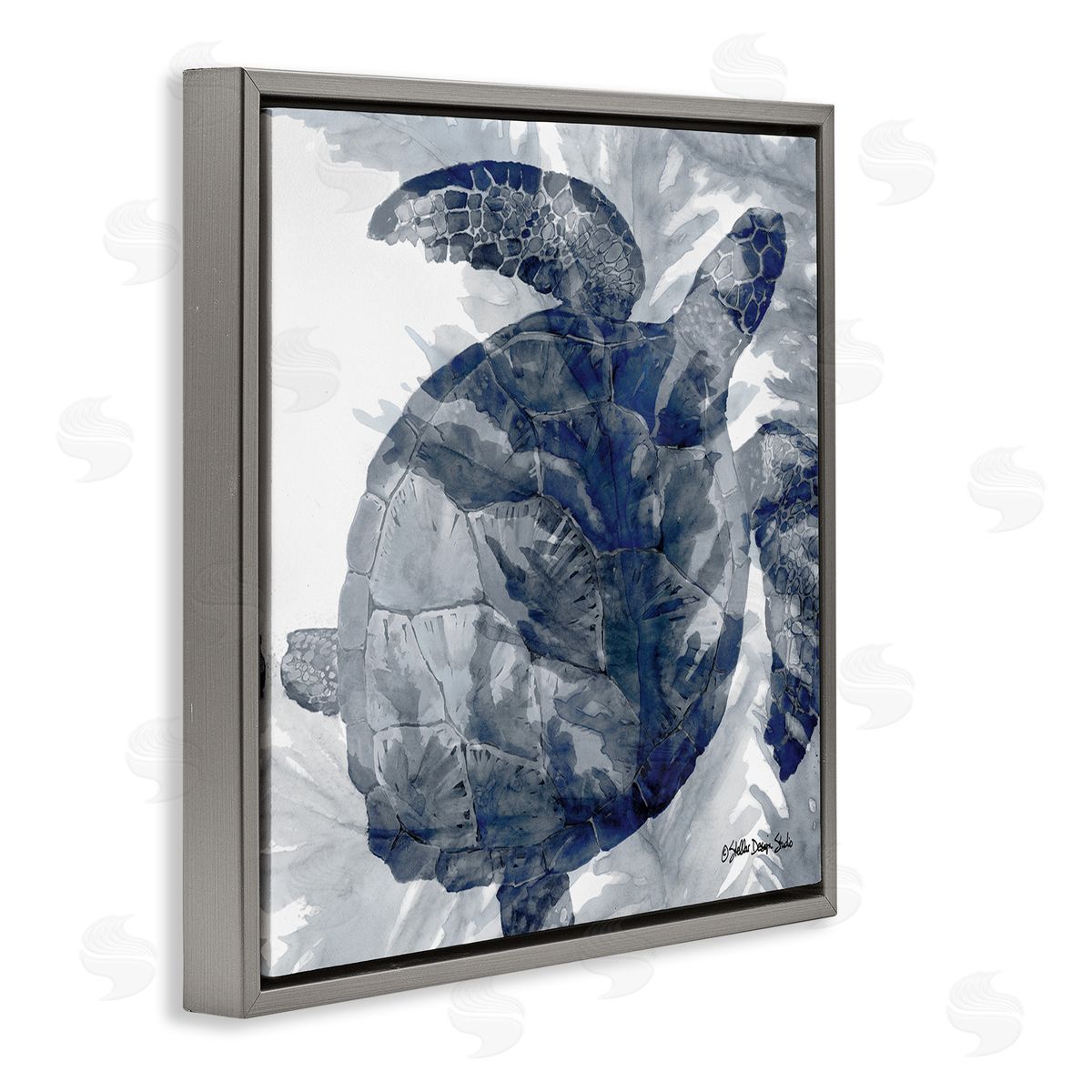 Stellar Design Studio Lingering Sea Turtle Overlapping Seaweed Reptile Watercolor Painting Gray Floating Frame Canvas Wall Art Print