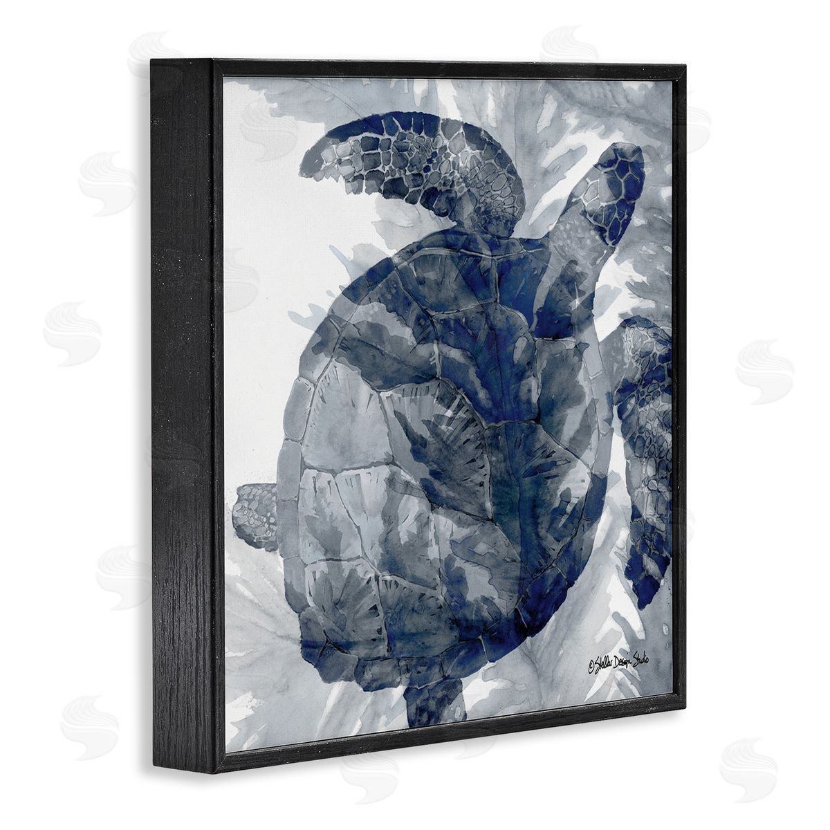 Stellar Design Studio Lingering Sea Turtle Overlapping Seaweed Reptile Watercolor Painting Black Framed Glicee Wall Art Print