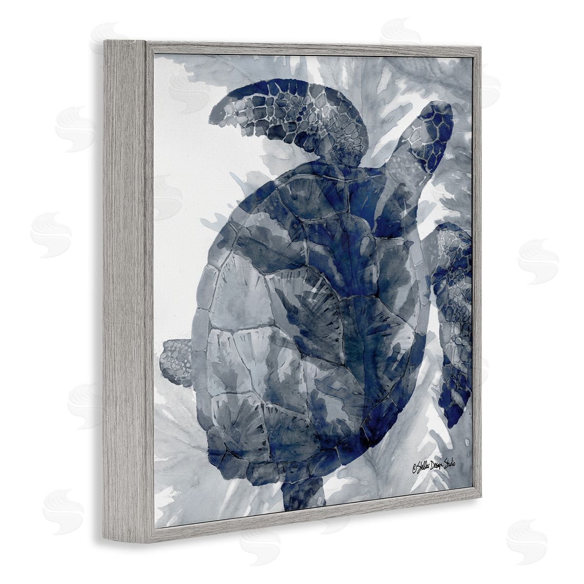 Stellar Design Studio Lingering Sea Turtle Overlapping Seaweed Reptile Watercolor Painting Gray Framed Glicee Wall Art Print