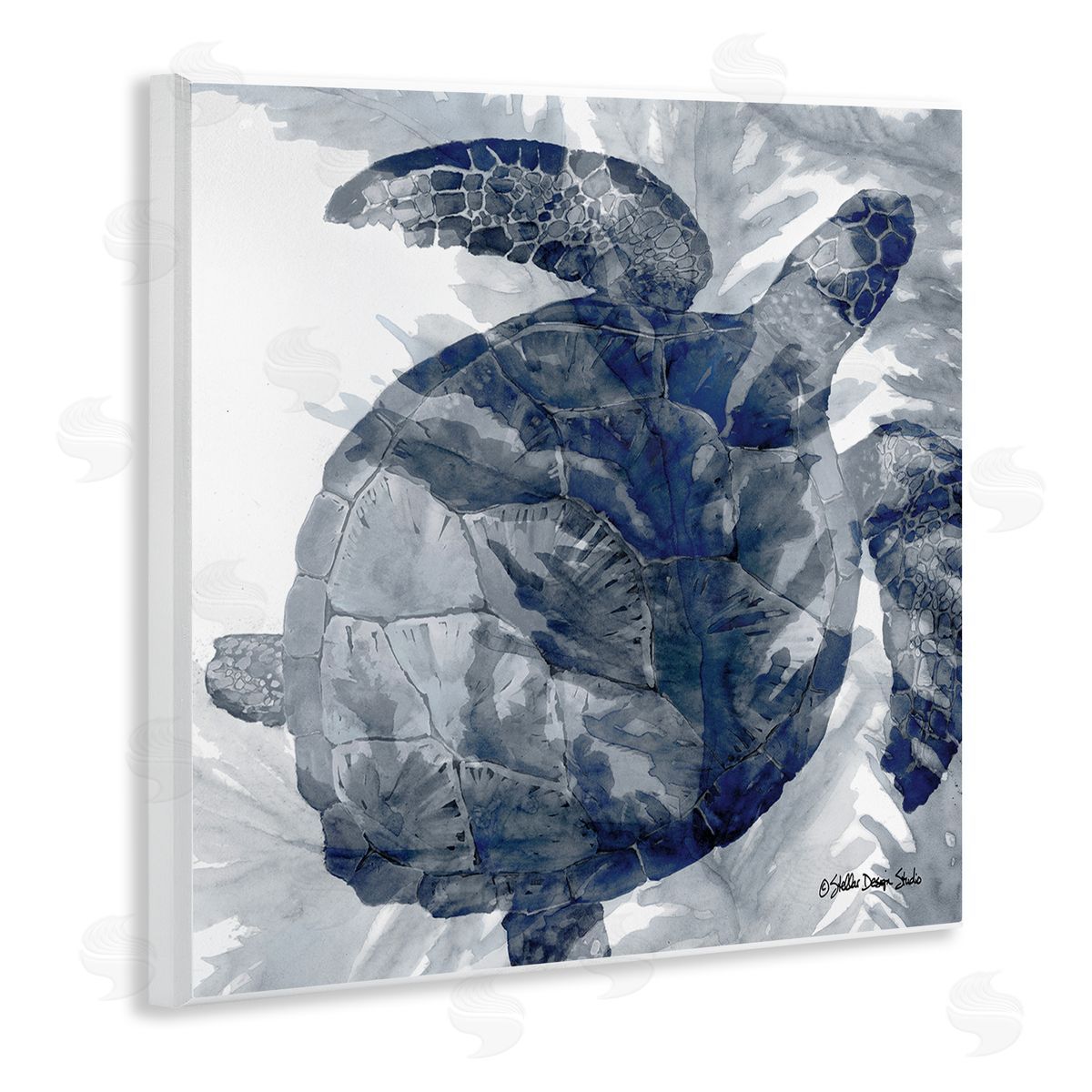 Stellar Design Studio Lingering Sea Turtle Overlapping Seaweed Reptile Watercolor Painting Wooden Wall Plaque Art Print