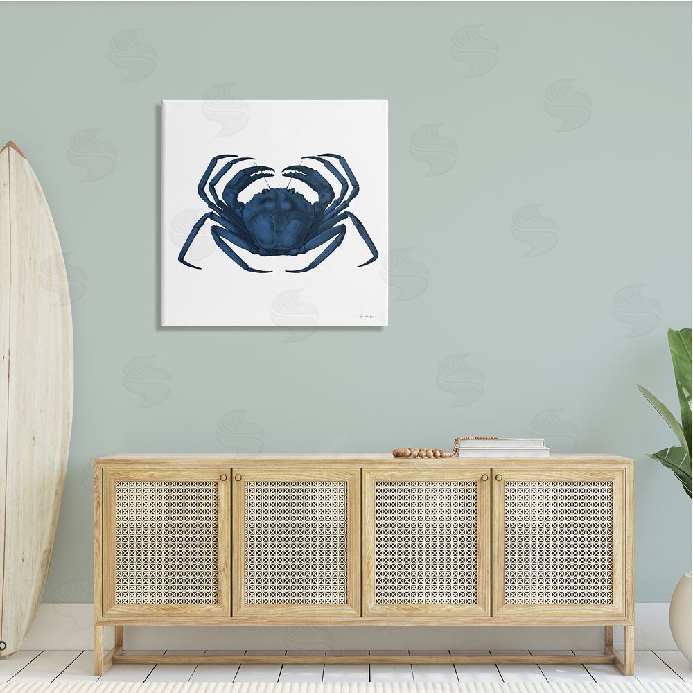 Seven Trees Design Casual Cobalt Blue Fighting Crab Marine Animal Illustration Canvas Wall Art in Room