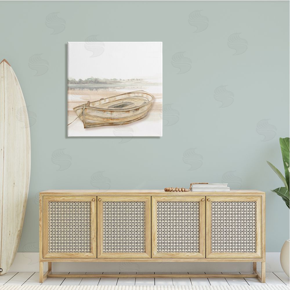 Patricia Pinto Little Snail Rowboat Resting Shallow Coastal Horizon Canvas Wall Art in Room