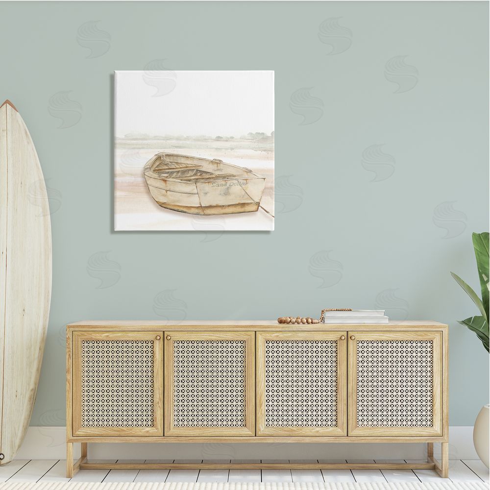 Patricia Pinto Sand Dollar Logged Rowboat Ready to Sail Horizon Canvas Wall Art in Room