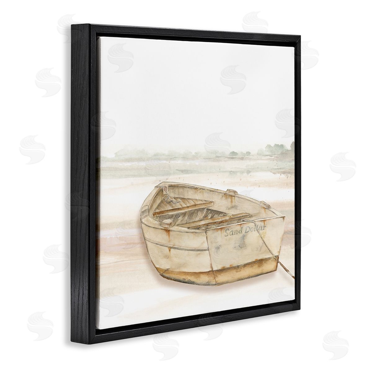 Patricia Pinto Sand Dollar Logged Rowboat Ready to Sail Horizon Black Floating Frame Canvas Wall Art Print