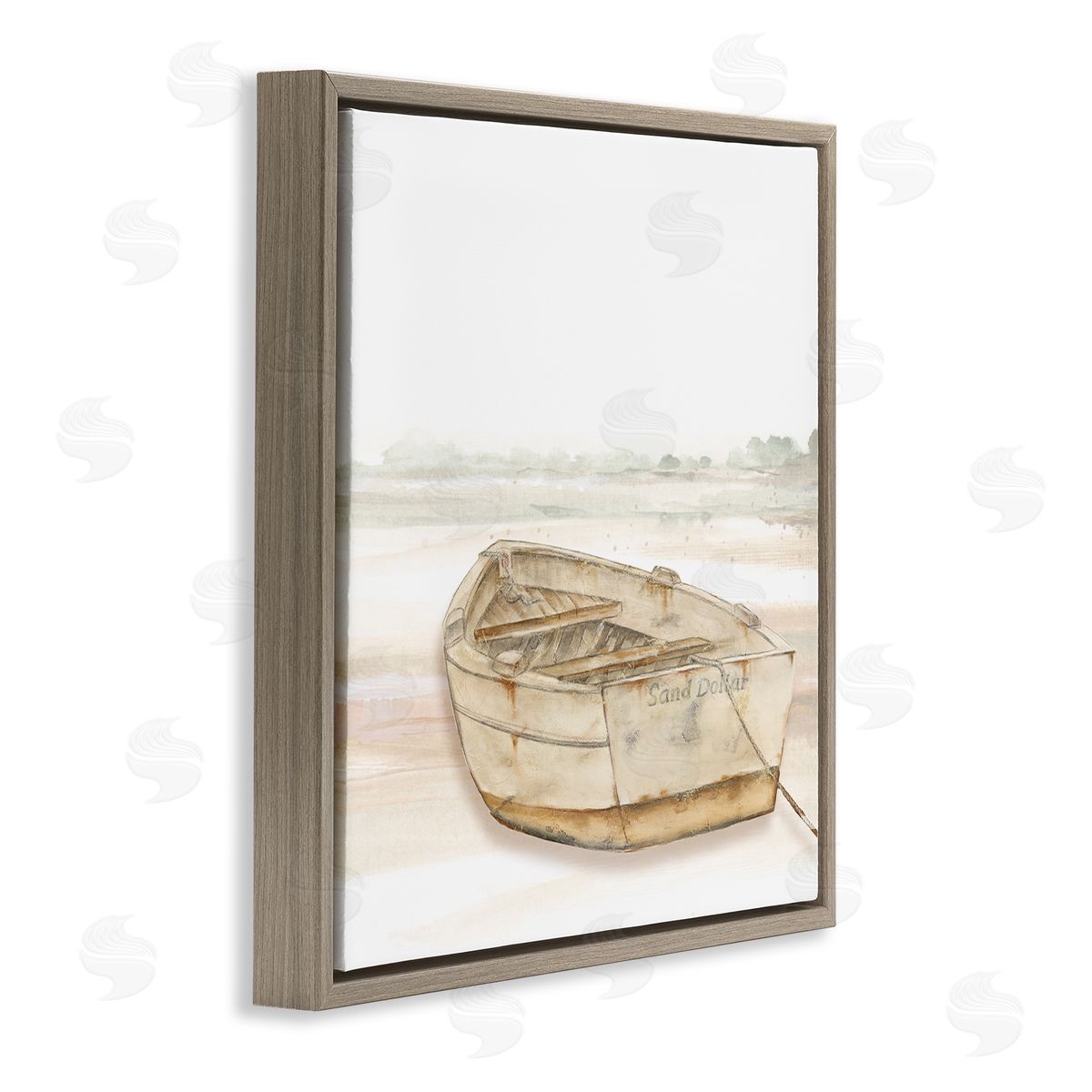 Patricia Pinto Sand Dollar Logged Rowboat Ready to Sail Horizon Brown Floating Frame Canvas Wall Art Print