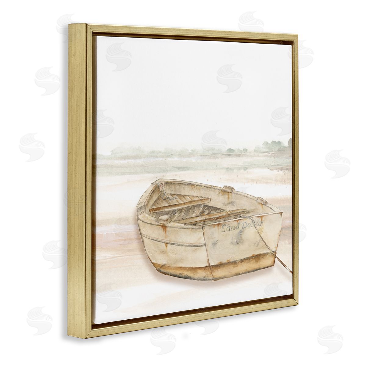 Patricia Pinto Sand Dollar Logged Rowboat Ready to Sail Horizon Gold Floating Frame Canvas Wall Art Print